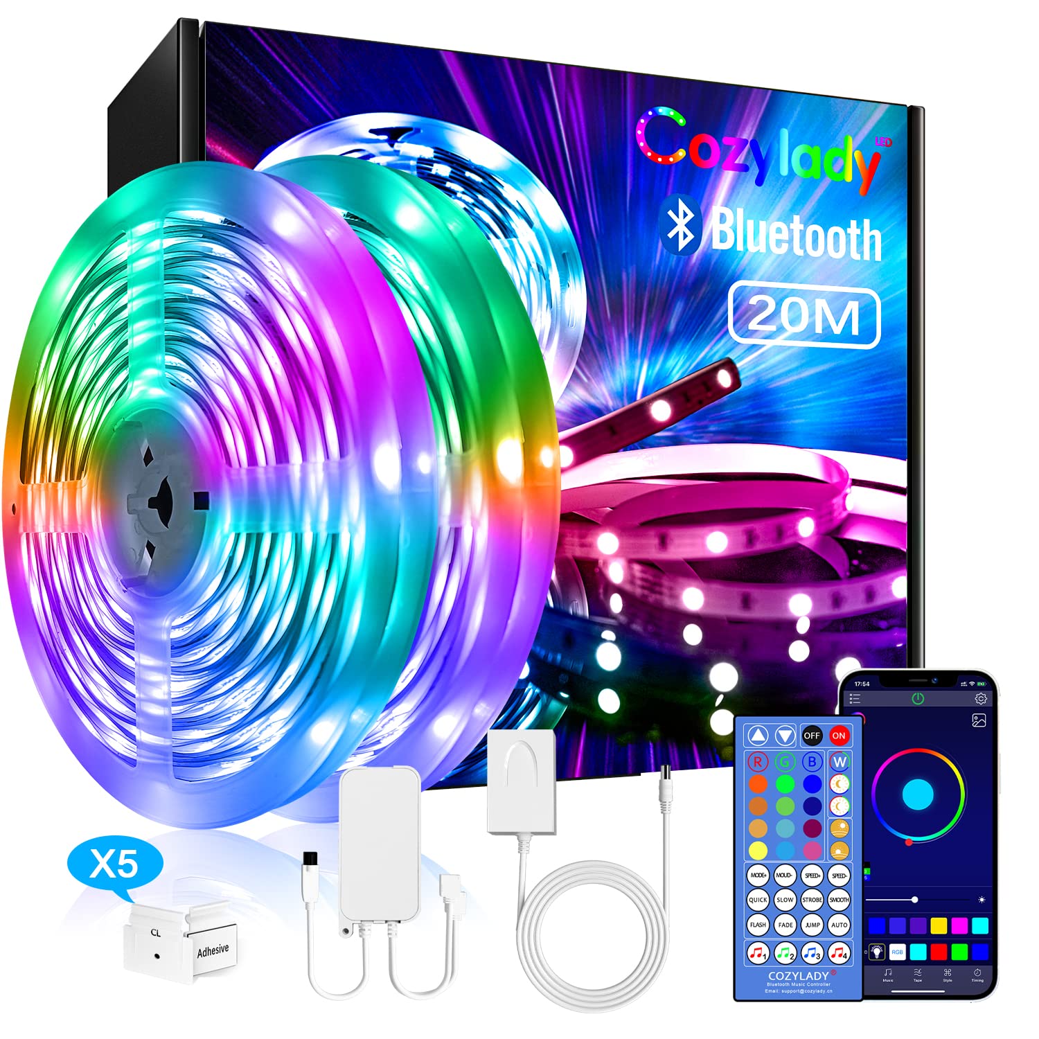 نورپردازی نوار LED بلوتوث 20M / 65.6FT، نوار نوری Cozylady کنترل شده توسط برنامه تلفن هوشمند، نوارهای نوری همگام با موسیقی برای تزئین اتاق خواب، تزئینات اتاق، اتاق کودکان