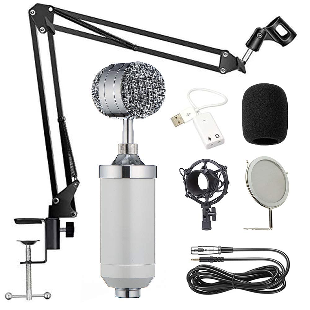 میکروفون کاندنسر ZJCQA Kit Mic Set میکروفون بازی ، میکروفون پادکست PC به 3.5 میلی متر با بازوی قابل تنظیم آویز میکروفون از جنس غلاف ناخن برای ضبط استودیویی و پخش زنده (سفید)