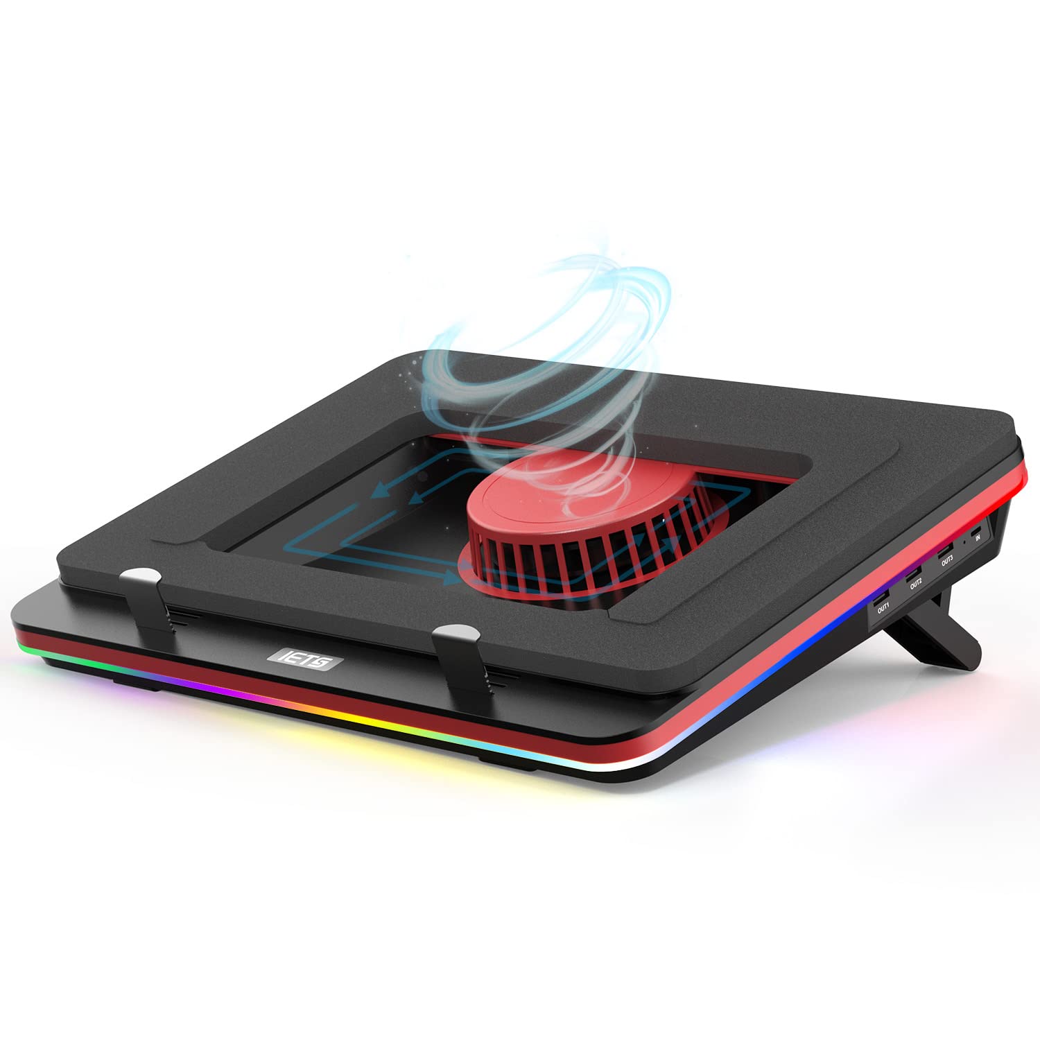 پد خنک‌کننده لپ‌تاپ IETS GT500 با توربو فن قدرتمند (5000 دور در دقیقه) و نورپردازی RGB، با سرعت متغیر بی‌نهایت، از جنس فوم سه‌لایه برای خنک‌کنندگی سریع لپ‌تاپ‌های گیمینگ، مناسب برای لپ‌تاپ‌های 13-17.3 اینچی با 3 پورت USB نسخه ۲ (RGB+HUB)