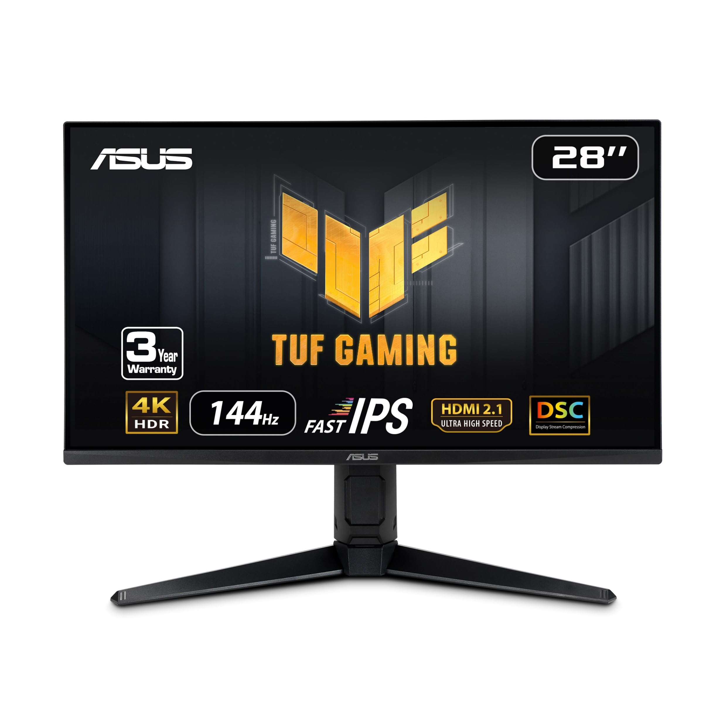 مانیتور بازی ASUS TUF Gaming 28 اینچ 4K 144 هرتز DSC HDMI 2.1 مدل VG28UQL1A با رزولوشن UHD 3840 x 2160، فناوری Fast IPS، زمان پاسخ‌دهی 1 میلی‌ثانیه، قابلیت Extreme Low Motion Blur Sync، سازگاری با G-SYNC، FreeSync Premium، مراقبت از چشم، پوشش رنگی DCI P3 90%، مانیتور مشکی 28 اینچ Fast IPS 4K 144Hz G-SYNC