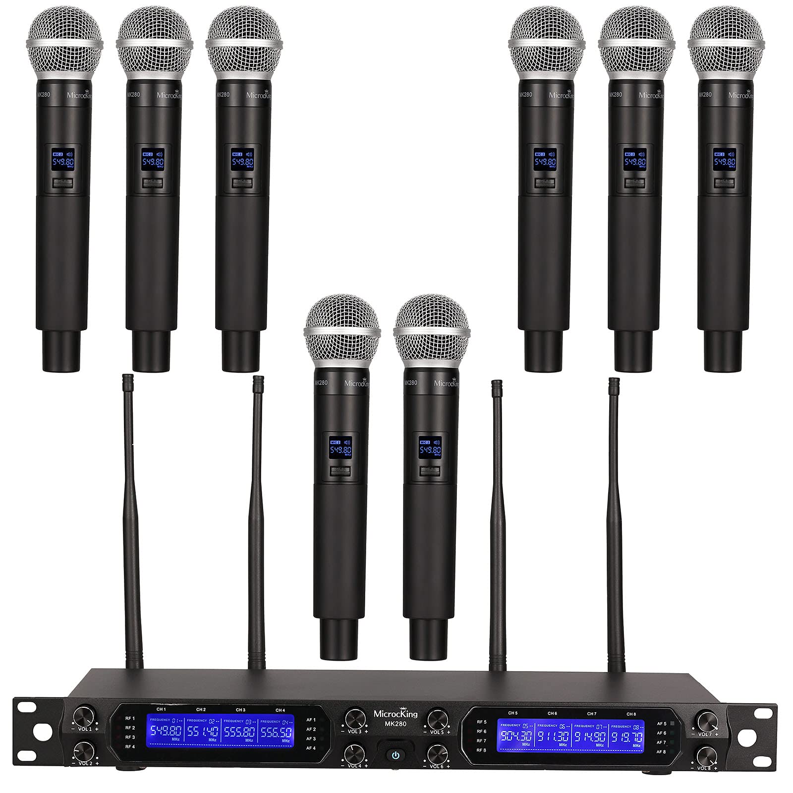 سیستم میکروفون بی‌سیم MicrocKing، 8 کاناله UHF، میکروفون‌های دستی دینامیک بی‌سیم، برد بلند ۴۰۰ فوت، اتصال خودکار، ایده‌آل برای جشن کاریوکی، مراسم عروسی و سخنرانی و رویدادهای خارج از اتاق