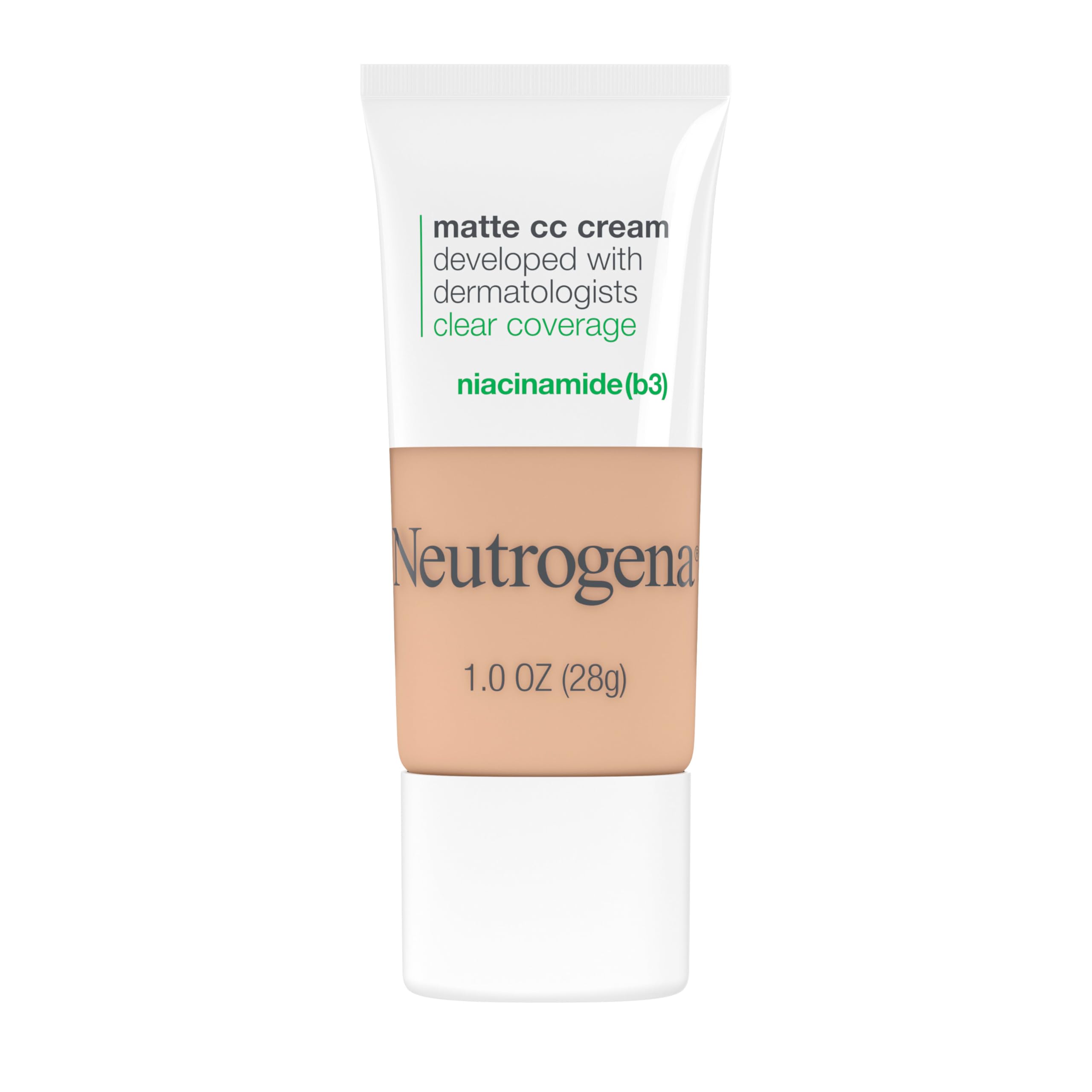 کرم سی سی ضد ترکیبات Neutrogena Clear Coverage Flawless Matte، کرم رنگی با پوشش کامل برای صورت با نیاسینامید (ویتامین B۳)، ضد حساسیت، بدون روغن و بدون عطر، شفاف گرم هلویی، 1 اونس 28.35 گرم (بسته‌بندی ۱ عدد)