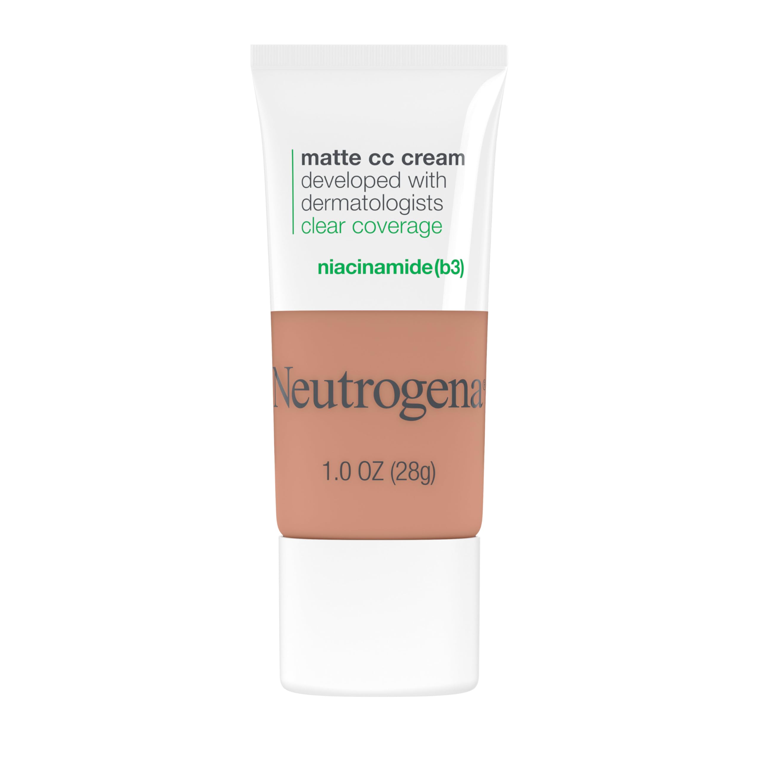کرم صورت کامل پوشش مات نوتروژنا Clear Coverage Flawless Matte CC Cream، کرم رنگی کرکت کننده با پوشش کامل و حاوی نیاسینامید (ویتامین b3)، ضد حساسیت، بدون روغن و بدون عطر، طعم توست، ۲۸٫۳۵ گرم (بسته‌ای ۱ عدد)