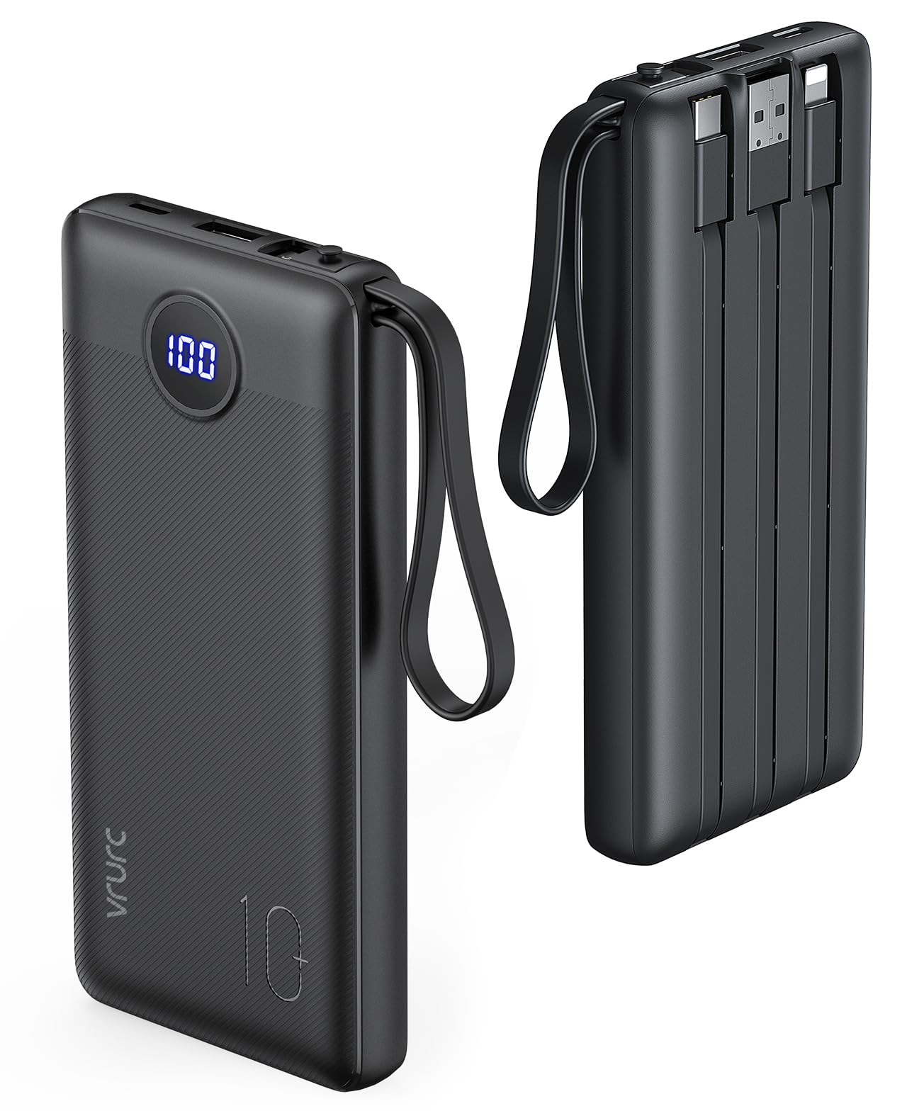 پاوربانک VRURC با ظرفیت 10000mAh و کابل‌های داخلی، شارژر قابل حمل USB C از VRURC با 5 خروجی و 2 ورودی، نمایشگر LED، باتری خارجی مناسب برای آیفون و گوشی‌های سامسونگ، رنگ مشکی