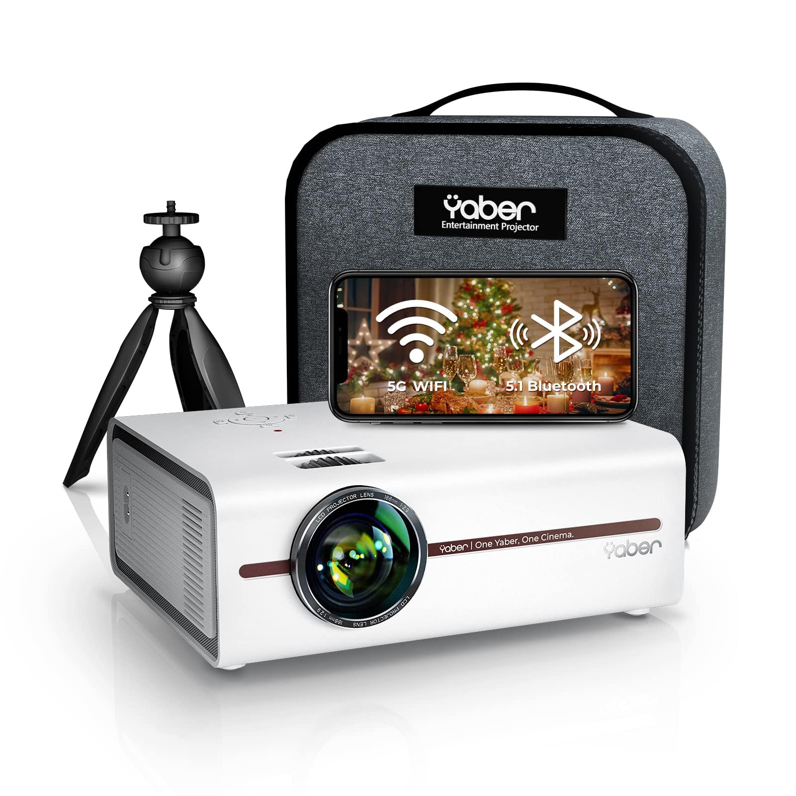 پروژکتور YABER با پشتیبانی از 1080P FHD، 9500 لومن، پروژکتور قابل حمل کوچک با وای فای 5G و بلوتوث، پروژکتور سینمای خانگی V5 با هماهنگی صفحه و زوم برای تی وی استیک/کامپیوتر شخصی/تلفن همراه (کیف + سه‌پایه ارائه شده)