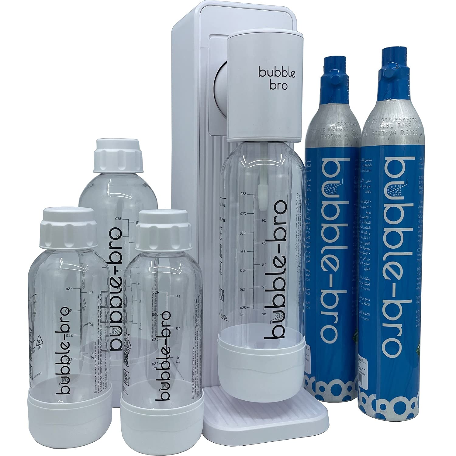 بسته خانوادگی ساز Origin Sparkling Water Maker bubble-bros - با 2 عدد بطری CO2 با ظرفیت 60 لیتر، 1 عدد بطری اضافی با ظرفیت 1 لیتر و 2 عدد بطری با ظرفیت 500 میلی لیتر (سفید)