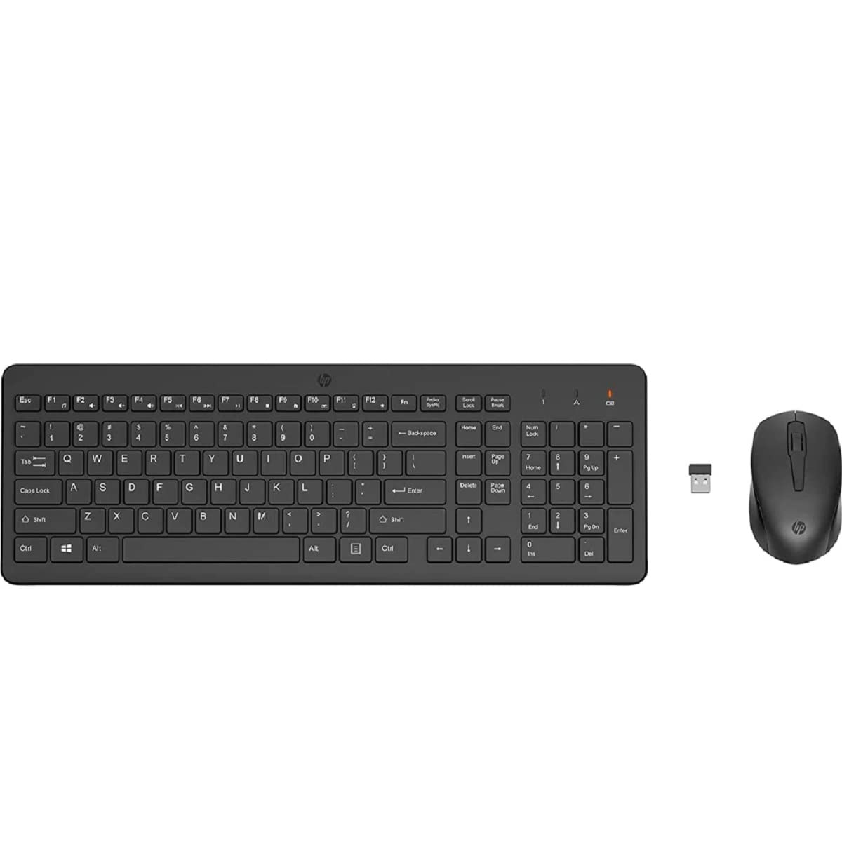HP 330 کیبورد و موس بی‌سیم سیاه با پد عددی، اتصال بی‌سیم 2.4 گیگاهرتز و 1600 نقطه در هر اینچ، گیرنده USB، نشانگرهای LED، ست کیبورد و موس سیاه