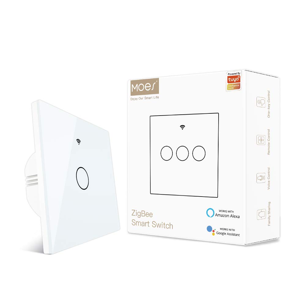 سوئیچ لمسی هوشمند MOES Tuya ZigBee بدون سیم نترال و بدون نیاز به کپاسیتور، همچنین با سیم‌های L و N کار می‌کند، سازگار با اپلیکیشن Smart Life Tuya، الکسا، گوگل هوم، نیازمند هاب Tuya ZigBee، 1 گنگ، رنگ سفید
