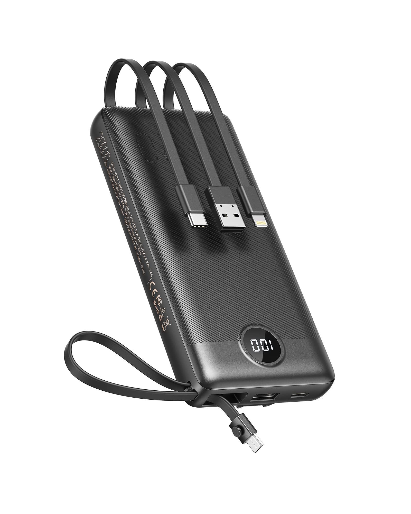 پاور بانک VEEKTOMX با کابل‌های داخلی، شارژر قابل حمل برای آیفون، صفحه نمایش LCD USB C، باتری خارجی شارژر آیفون مناسب برای آیفون، آیپد، سامسونگ (20000 میلی آمپر ساعت، رنگ مشکی)