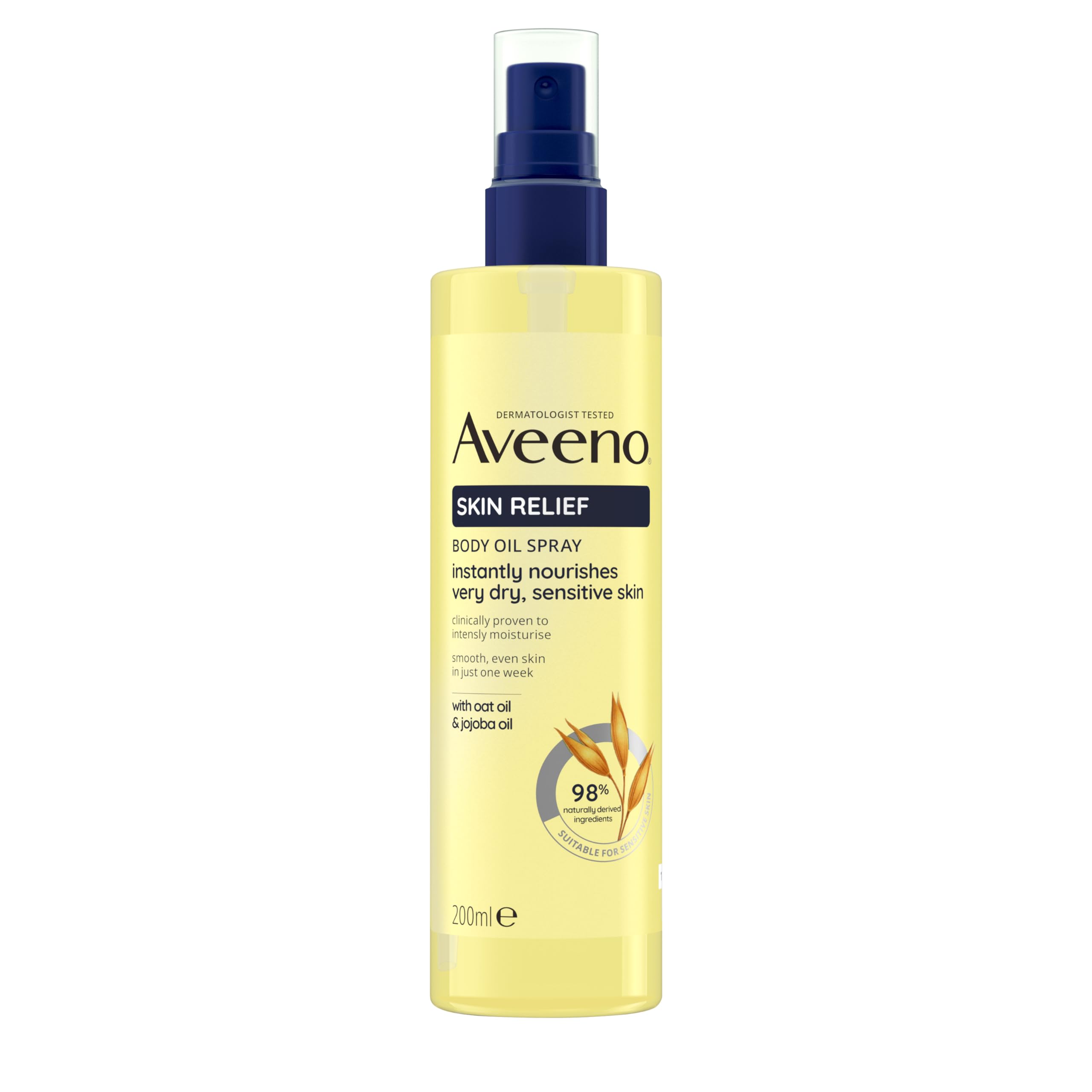 روغن بدن Aveeno Skin Relief Body Oil Spray با روغن جو دوت و روغن جوجوبا، مناسب برای پوست حساس، به طور فوری پوست خشک و حساس را تغذیه می‌کند، مناسب برای ماساژ، 200 میلی‌لیتر (6.76 اونس) (بسته‌بندی 1 عدد) روغن اسپری