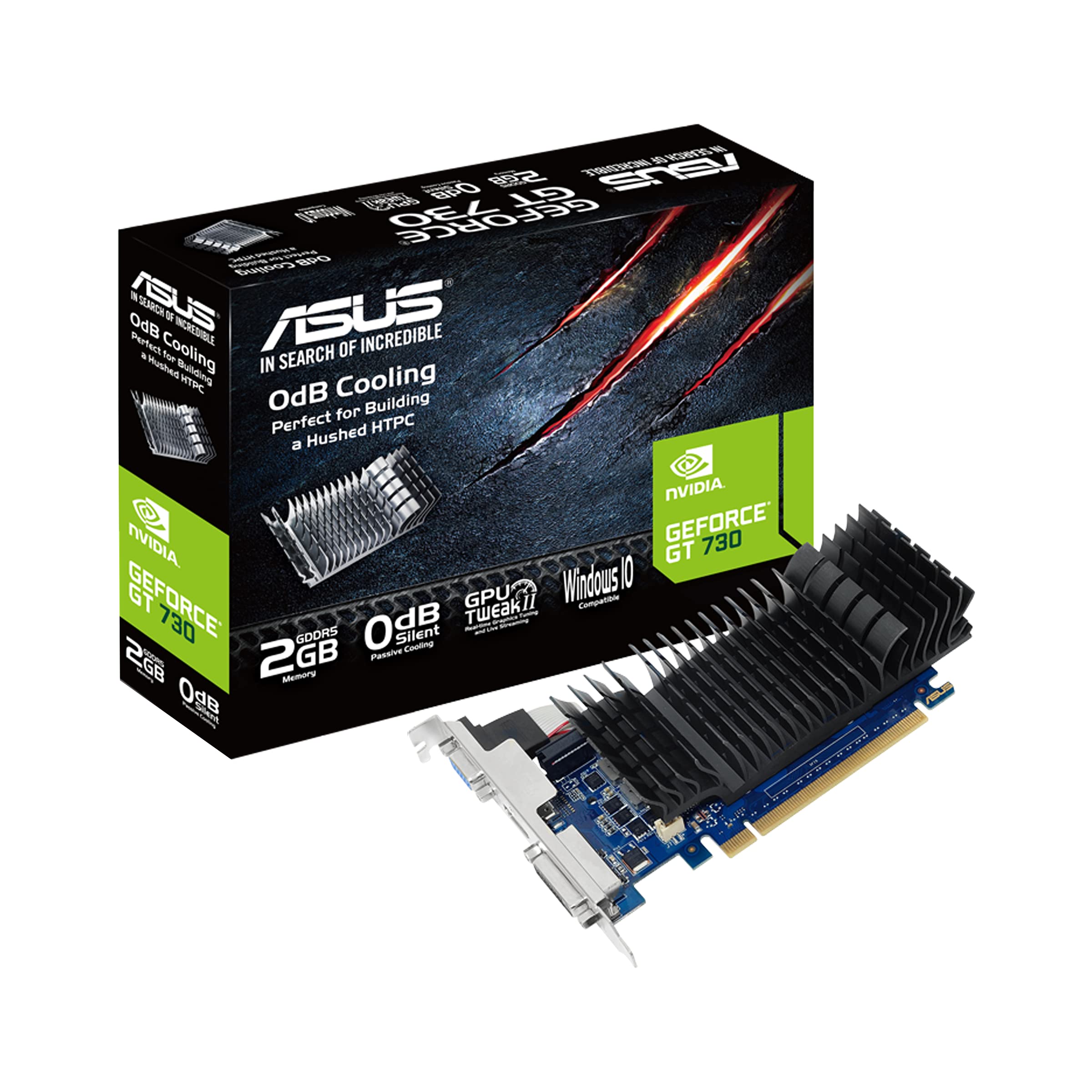 کارت گرافیک ASUS GeForce GT 730 2GB GDDR5 با پروفیل کم برای ساخت HTPC‌های بی‌صدا (با براکت‌های پورت ورودی/خروجی)