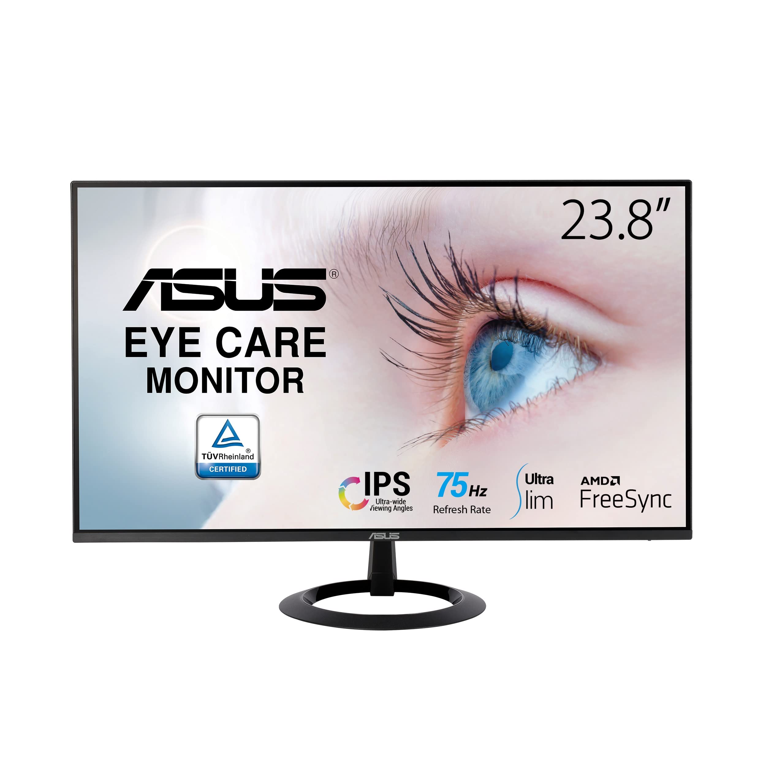 مانیتور ASUS VZ24EHE Eye Care - 23.8 اینچ Full HD (1920 x 1080)، IPS، 75Hz، Adaptive-Sync/FreeSync، HDMI، نور کم آبی، بدون وخامت نور، 24 اینچ Full HD IPS بسیار نازک مشکی، HDMI، D-Sub، FreeSync