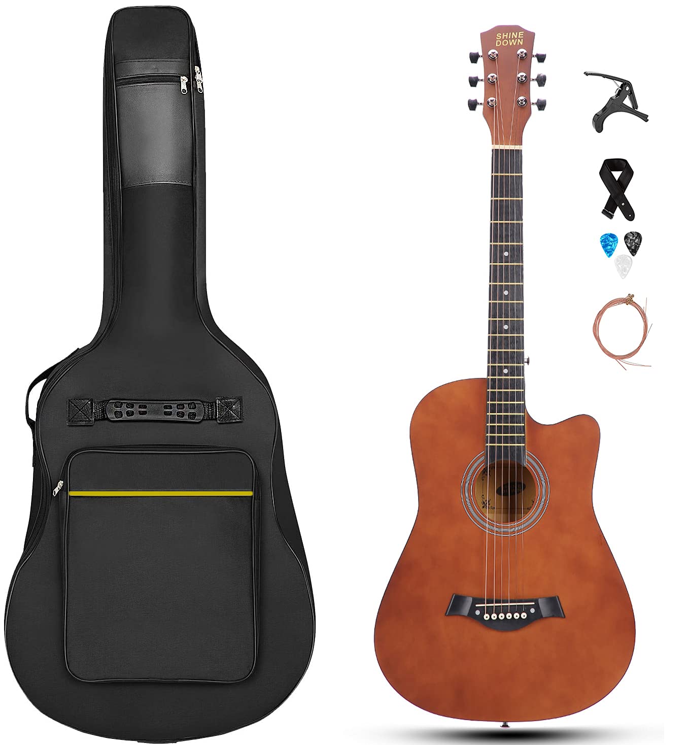 ```json
{
    "SHINEDOWN 38 inch Acoustic Guitar": "گیتار آکوستیک 38 اینچی SHINEDOWN",
    "Full Size Black": "اندازه کامل رنگ مشکی",
    "Beginner All Wood Cutaway Starter Set": "مجموعه شروع کننده با تخته چوب برش خورده برای مبتدیان",
    "with Free Bag/Tuner/Capo/A Pack of Strings/Strap/3 Single Strings/Cloth/Picks/String Cutter/Tutorial": "با کیف رایگان / تیونر / کاپو / یک بسته زه / رشته های تکی / پارچه / پیک ها / برش رشته / آموزش",
    "Brown": "قهوه‌ای"
}
```