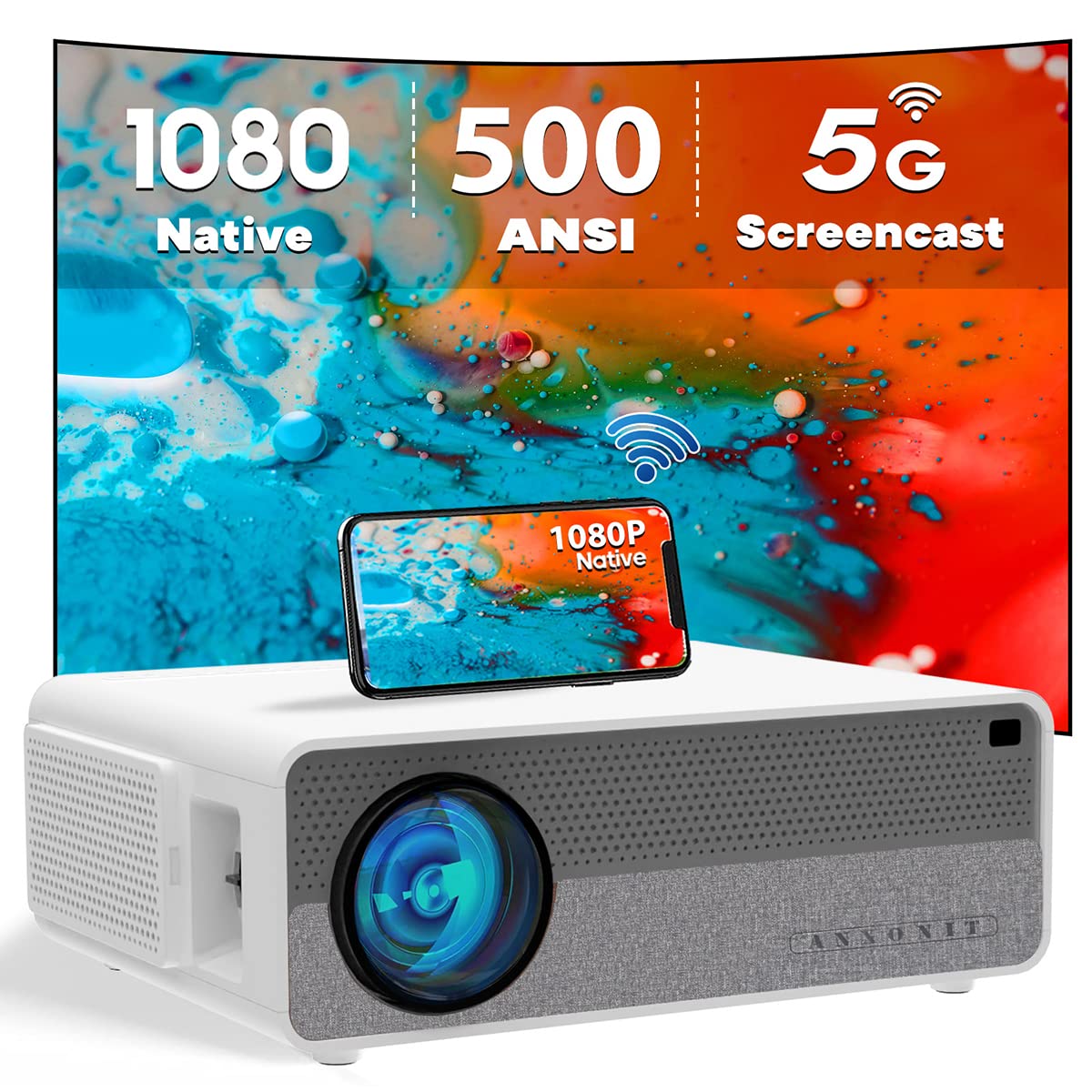 پروژکتور ANXONIT Native 1080P ، پروژکتور تصویر Full HD با 500 لومن ANSI ، اسکرین کست WiFi 5G ، دو اسپیکر 8 واتی ، صفحه نمایش 300 اینچ مناسب برای خانه با Android، iPhone، PC، Fire TV Stick، PS5