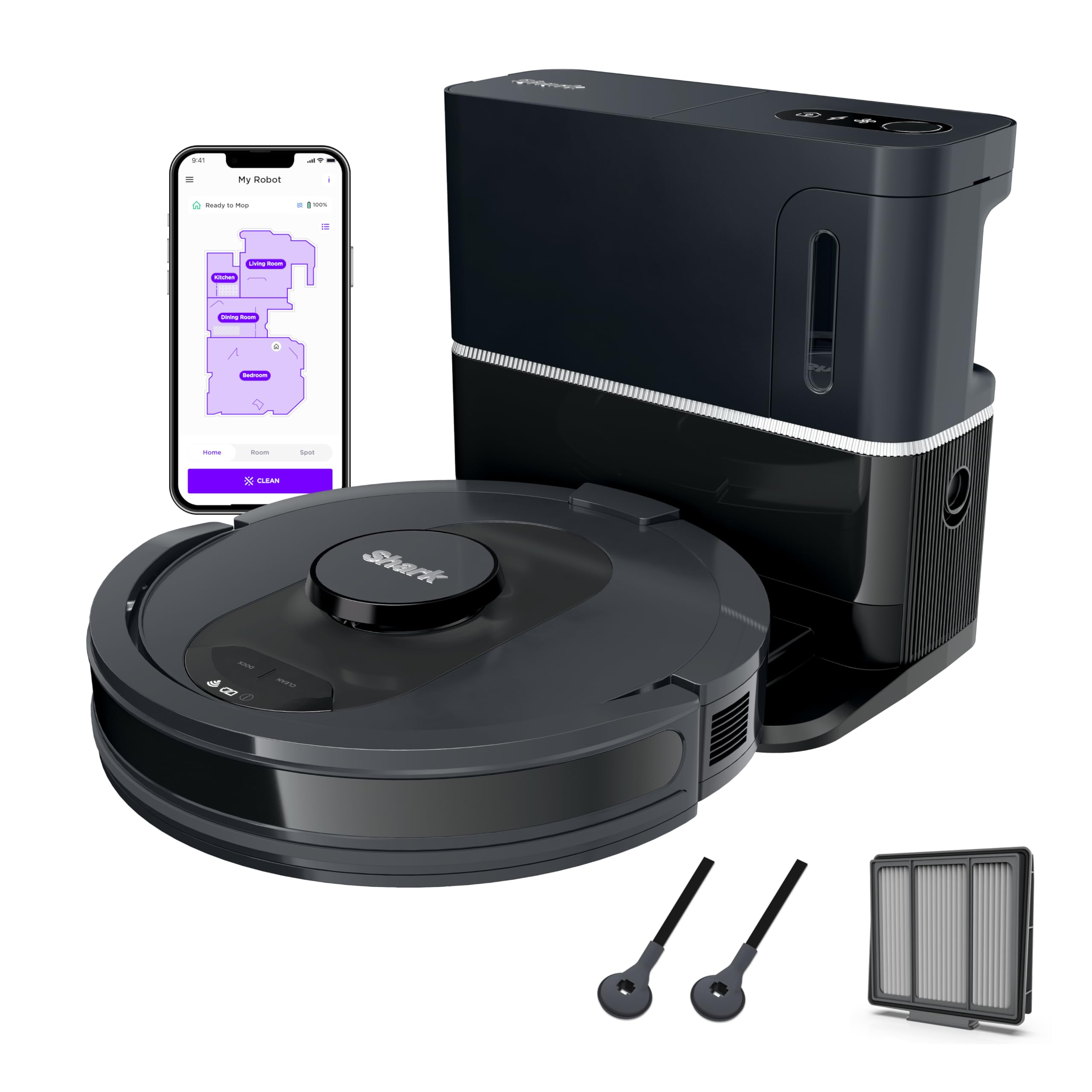 جاروبرقی هوشمند Shark AV2501S با پایه خودتخلیه HEPA، بدون کیسه، ظرفیت ۳۰ روزه، راهبری LIDAR، مناسب برای موهای حیوانات خانگی، سازگار با الکسا، اتصال Wi-Fi، رنگ خاکستری تیره، خشک ۳۰ روزه
