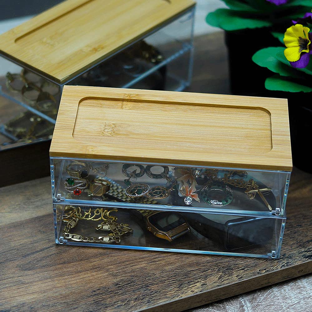 YAHOME 2 Tier Rectangular shape Table Top Jewelry Case Acrylic Box with wooden Bamboo Lid Jewelry Organizer For stationary Cosmetics For Necklaces Rings Ear Stud Watch