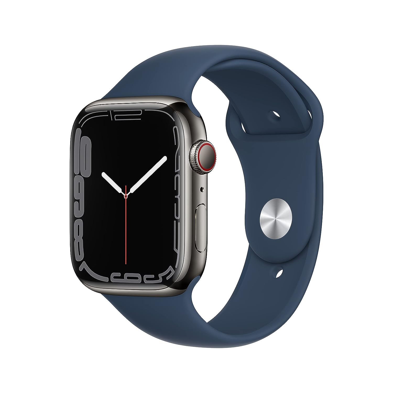 ساعت هوشمند Apple Watch Series 7 (GPS + Cellular، 45 میلی‌متر) - مورد استیل ضدزنگ گرافیتی با بند ورزشی آبی Abyss - معمولی. دستگاه ردیاب فیتنس، برنامه‌های اکسیژن خون و الکتروکاردیوگرافی (ECG)، مقاوم در برابر آب با مورد استیل ضدزنگ گرافیتی 45 میلی‌متر و بند ورزشی آبی