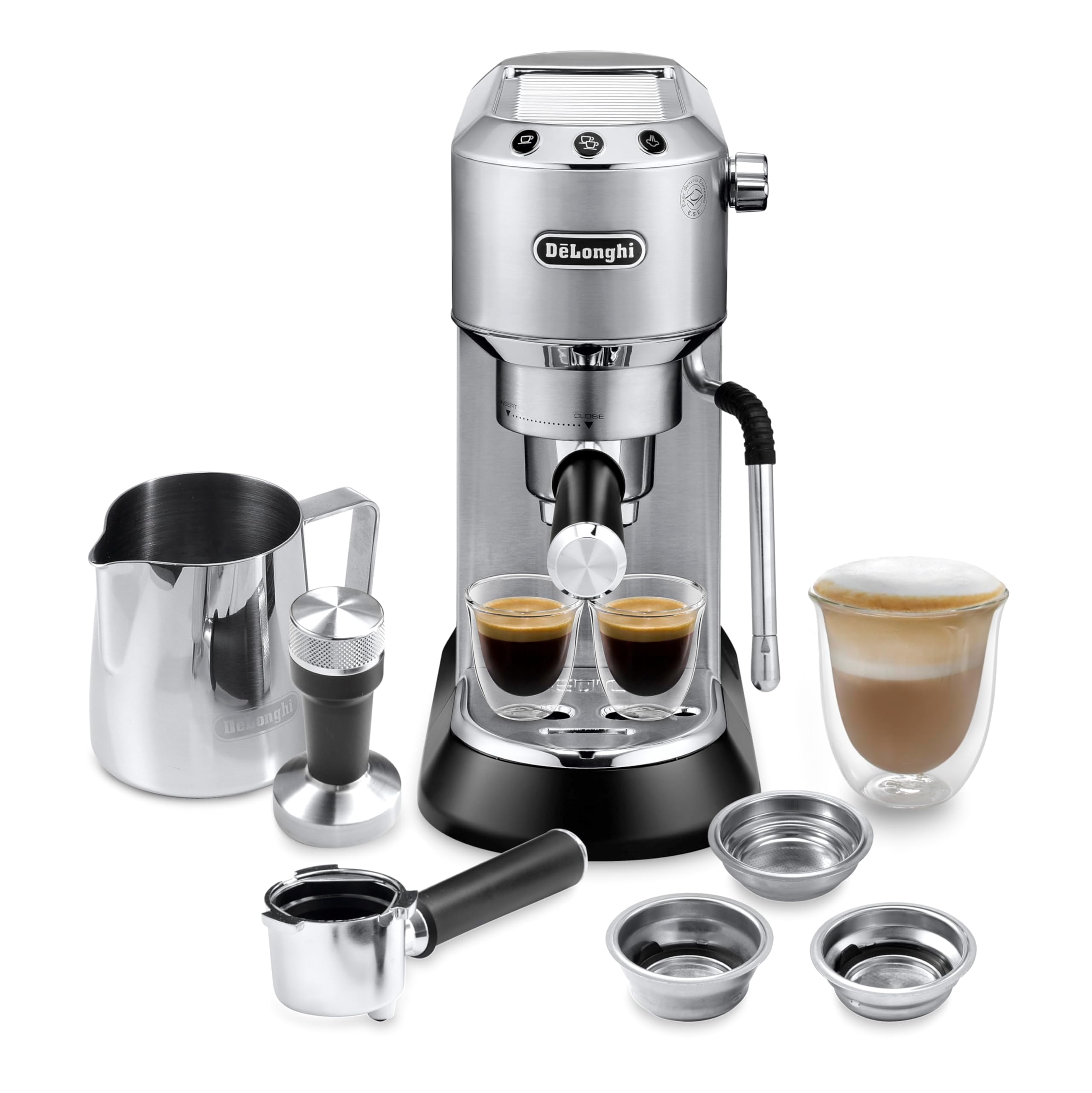 ماشین اسپرسو De'Longhi Dedica Arte - خروشک گیر MyLatteArt، انبار بخار دقیق، تامپر فولادی ارائه شده - اسپرسوی کامل، کاپوچینو، و هنر لاته خود را در خانه ایجاد کنید - EC885.M