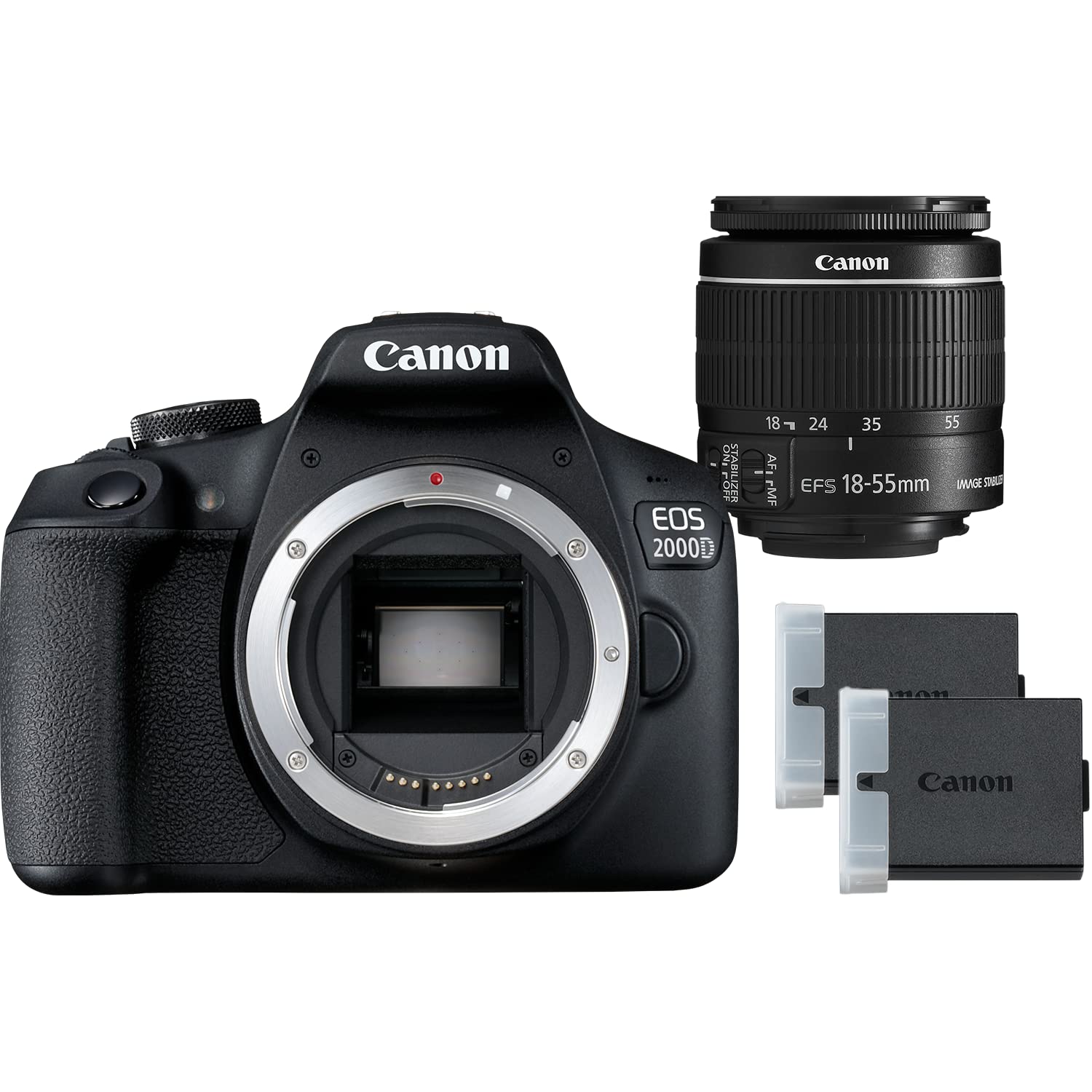 دوربین دیجیتال DSLR آسان‌الاستفاده Canon EOS 2000D + لنز EF-S 18-55 میلی‌متر f/3.5-5.6 IS II + باتری اضافی - یک دوربین دیجیتال حرفه‌ای با لنز چندکاره و یک باتری اضافی، ایده‌آل برای عکاسی پرتره و مناظر طبیعی - مجموعه اختصاصی از آمازون با لنز 18-55 میلی‌متر IS II و باتری اضافی