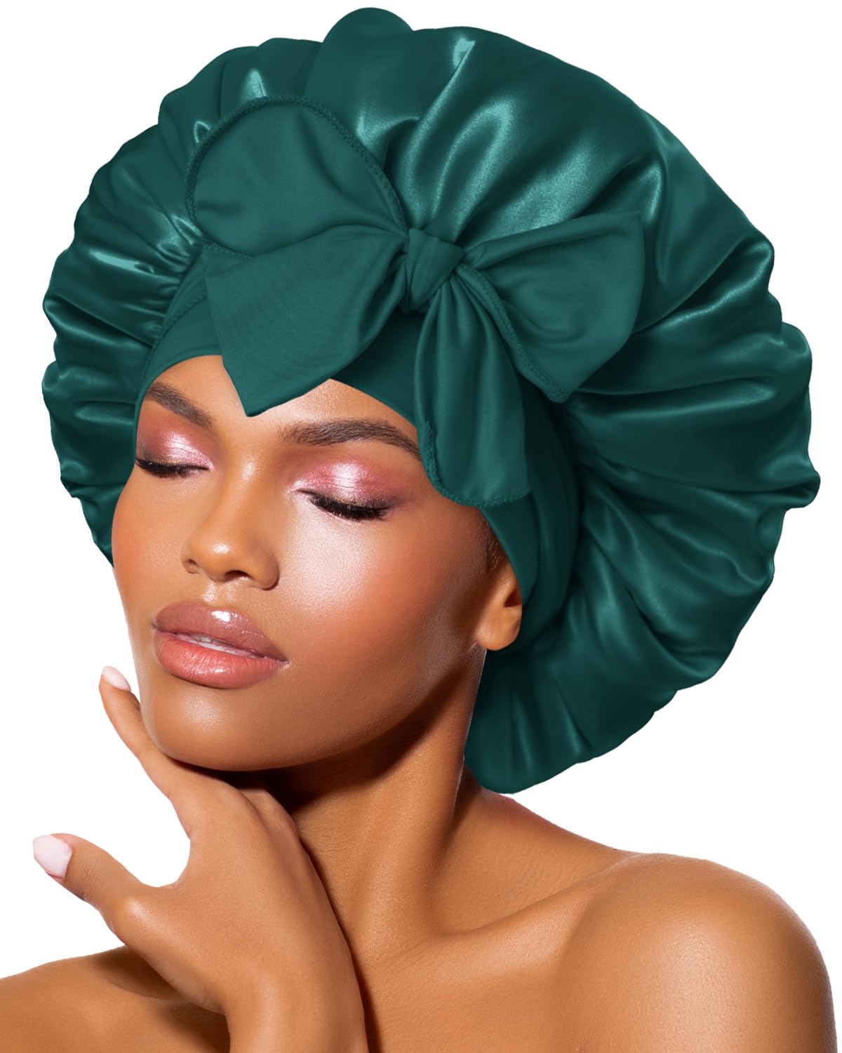 بندانه ملکه Bonnet Queen برای خواب زنان بنفش موی ابریشم کلاه Bonnet Satin با قابلیت تنظیم کلاه مو Wrap شبانه با باند بندی سبز تیره