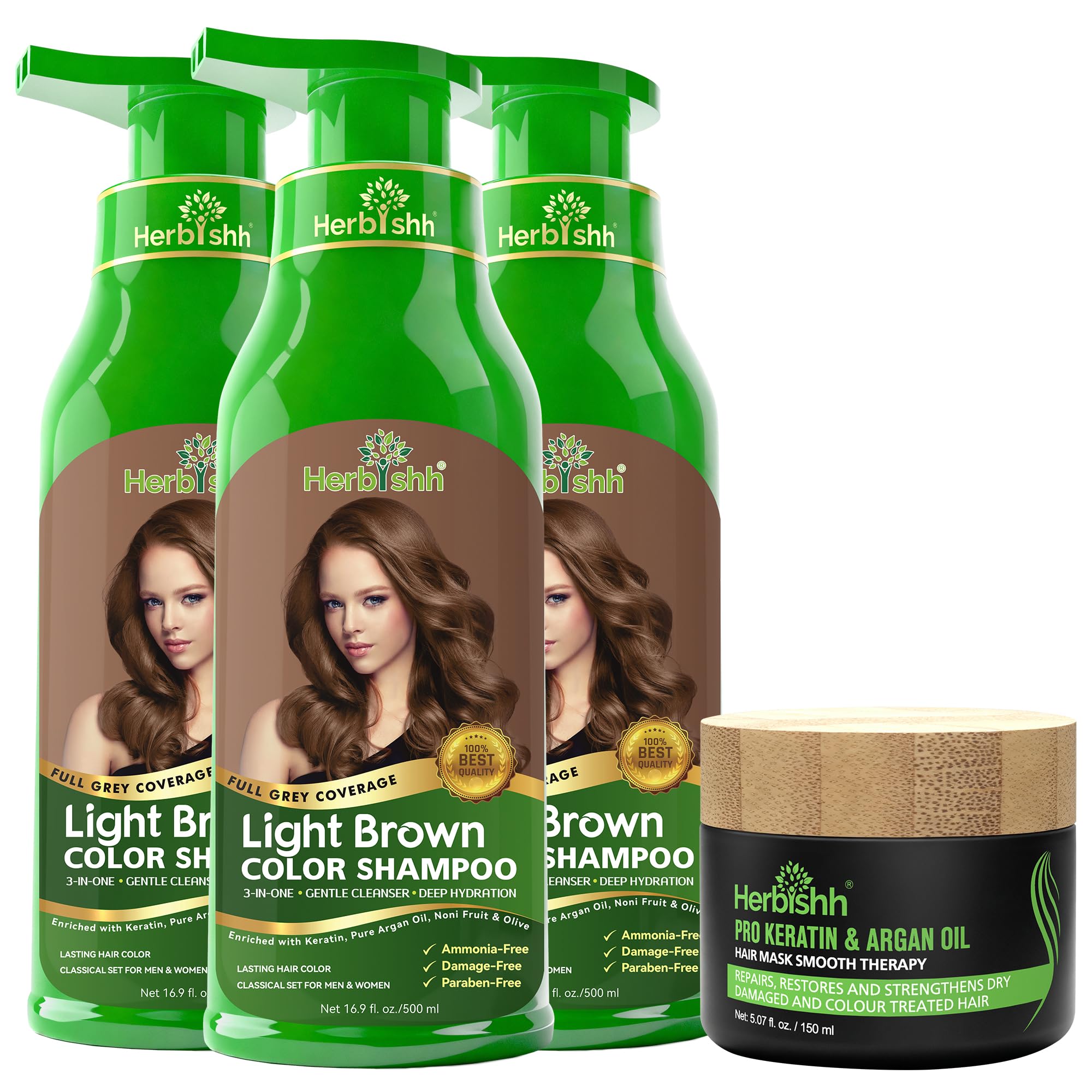 Herbishh Light Brown Hair Color Shampoo 500ml -3 Pcs + Argan Hair Mask
