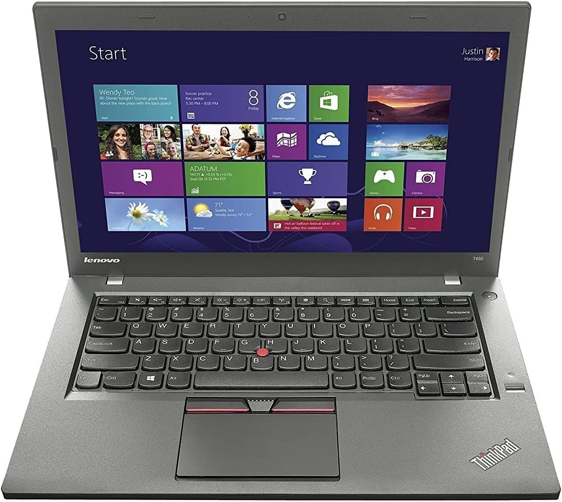 لنوو (بازسازی شده) لپتاپ تجاری ThinkPad T450، پردازنده Intel Core i5 نسل پنجم، رم DDR3L 8 گیگابایت، هارد اس اس دی 256 گیگابایت، نمایش 14.1 اینچی، رنگ خاکستری
