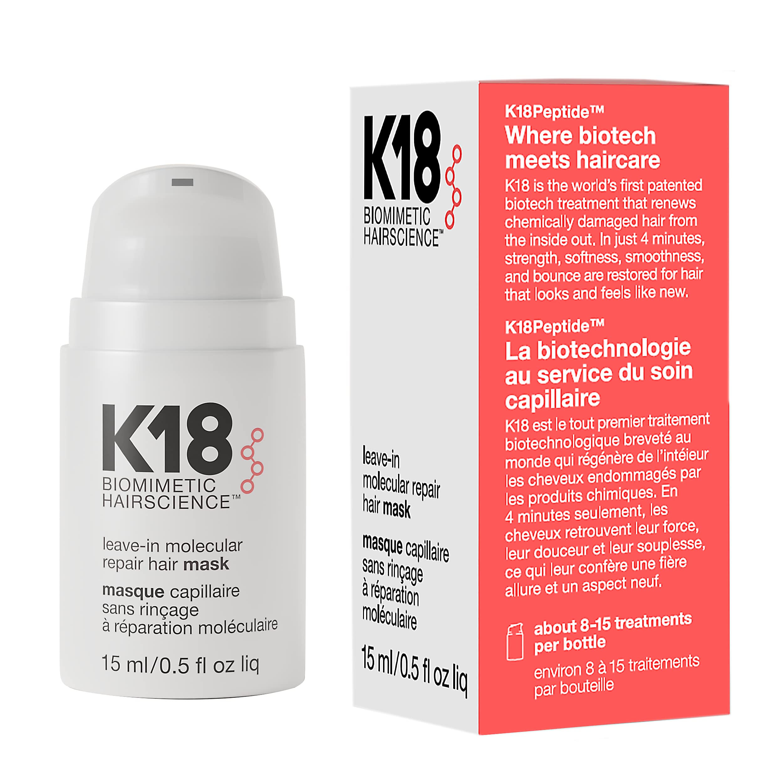 ماسک ترمیم مولکولی بدون نیاز به شستشو K18 Leave-In، 15 میلی لیتر (بسته‌ی ۱ عدد)