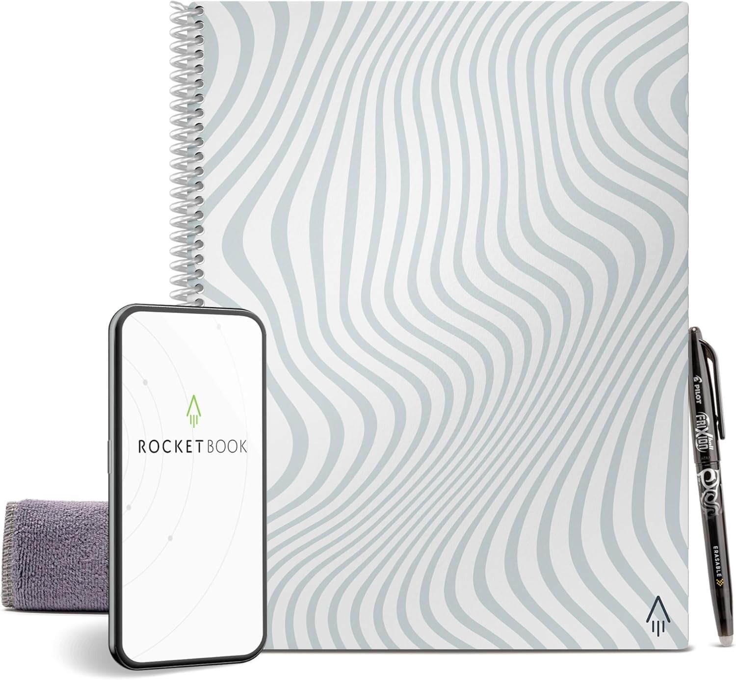 دفتر یادداشت هوشمند و قابل استفاده مجدد Rocketbook - دفتر یادداشت با خطوط، سبز و دوستدار محیط زیست با 1 خودکار پایلوت فریکشن و 1 دستمال میکروفایبر - جلد Flow State، اندازه حروفی (8.5" x 11") حروفی Flow State
