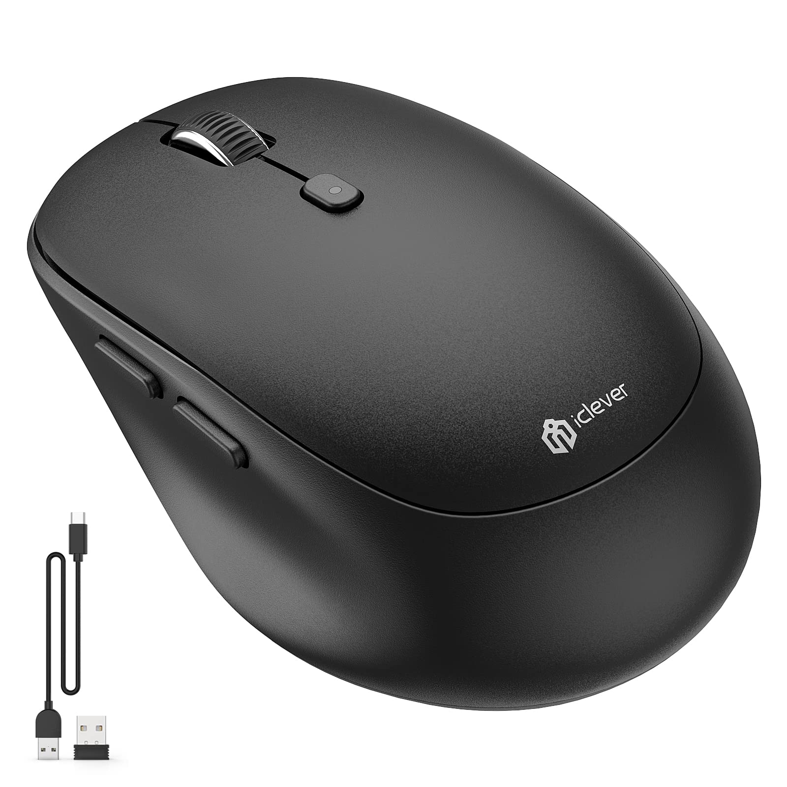 موشواره بی‌سیم دو حالته iClever MD165، موشواره قابل شارژ بلوتوث Type-C، موشواره بی‌سیم 2.4 گیگاهرتزی با گیرنده USB، اتصال 3 دستگاه به ویندوز 7/8/10، مک، آی‌اواس، اندروید، رنگ سیاه