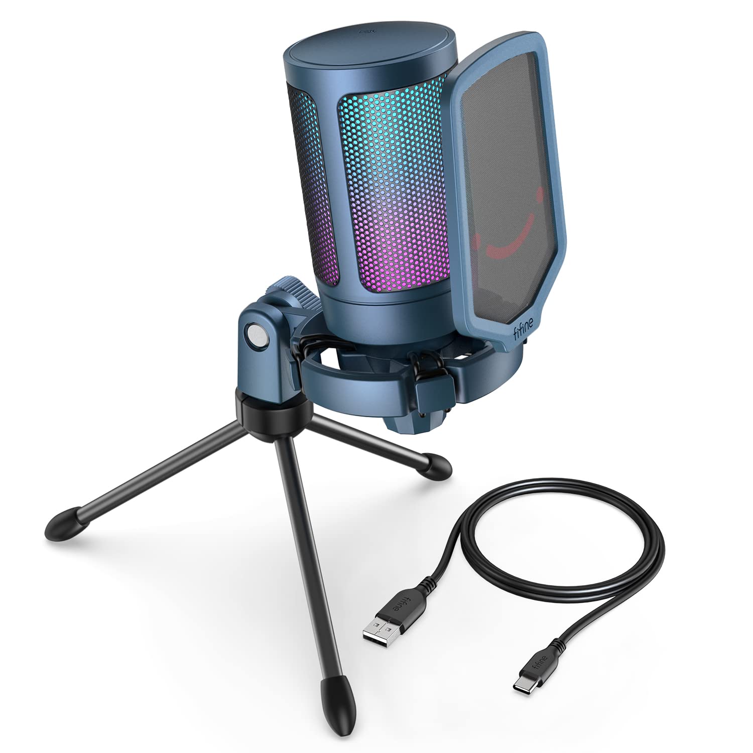 میکروفون بازی FIFINE برای PC PS5 ، میکروفون Condenser با قابلیت سریع بی صدا ، نشانگر RGB ، ایستگاه سه پایه ، فیلتر Pop ، آوازبند Gain Control برای استریمینگ Discord Twitch Podcasts Videos- AmpliGame Black