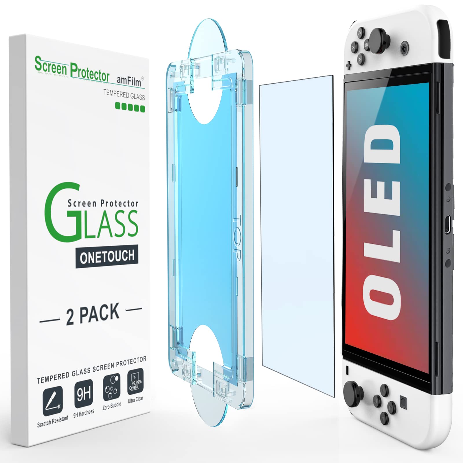 پوشش صفحه شیشه‌ای تمام چسب اَم فیلم OneTouch طراحی شده برای مدل نینتندو سوییچ OLED 2021 - همراه با کیت تنظیم خودکار، بدون حباب [2 پک] سوییچ OLED - مدل 2021