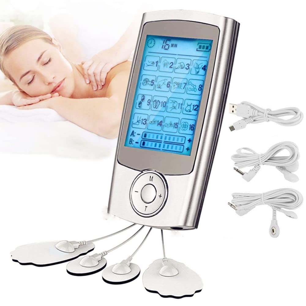 دستگاه بیونتی دو کاناله TENS EMS با ۱۶ حالت، دستگاه فیزیوتراپی شارژی کوچک برای درمان درد، درمان درد شانه عمیق، ماساژگر پالس الکترونیکی، ماساژگر عضلانی نقره‌ای