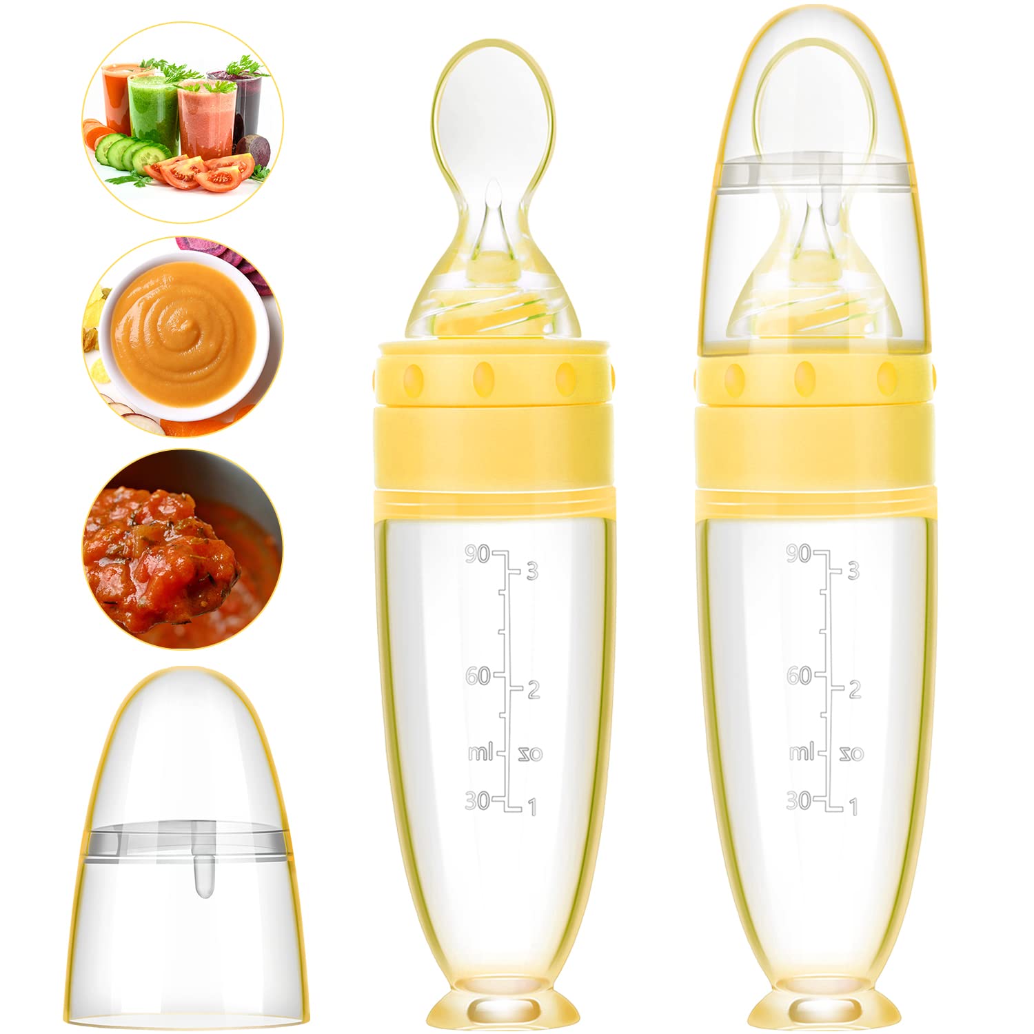 دو عدد قاشق سیلیکونی بچه نوزاد برای وعده غذایی با پایه ایستاده برای نوزادان 0-24 ماهه دیسپنسینگ و تغذیه (زرد)