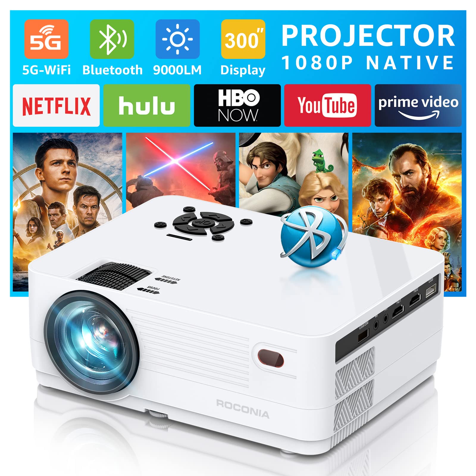 پروژکتور بلوتوث وای فای 5G 1080P Roconia Native، پشتیبانی از فیلم‌های Full HD 9000LM، نمایش 300 اینچی برای فیلم‌های خارجی، سازگار با تئاتر خانگی 4K، قابل استفاده با دستگاه‌های iOS/Android/PC/XBox/PS4/TV Stick/HDMI/USB