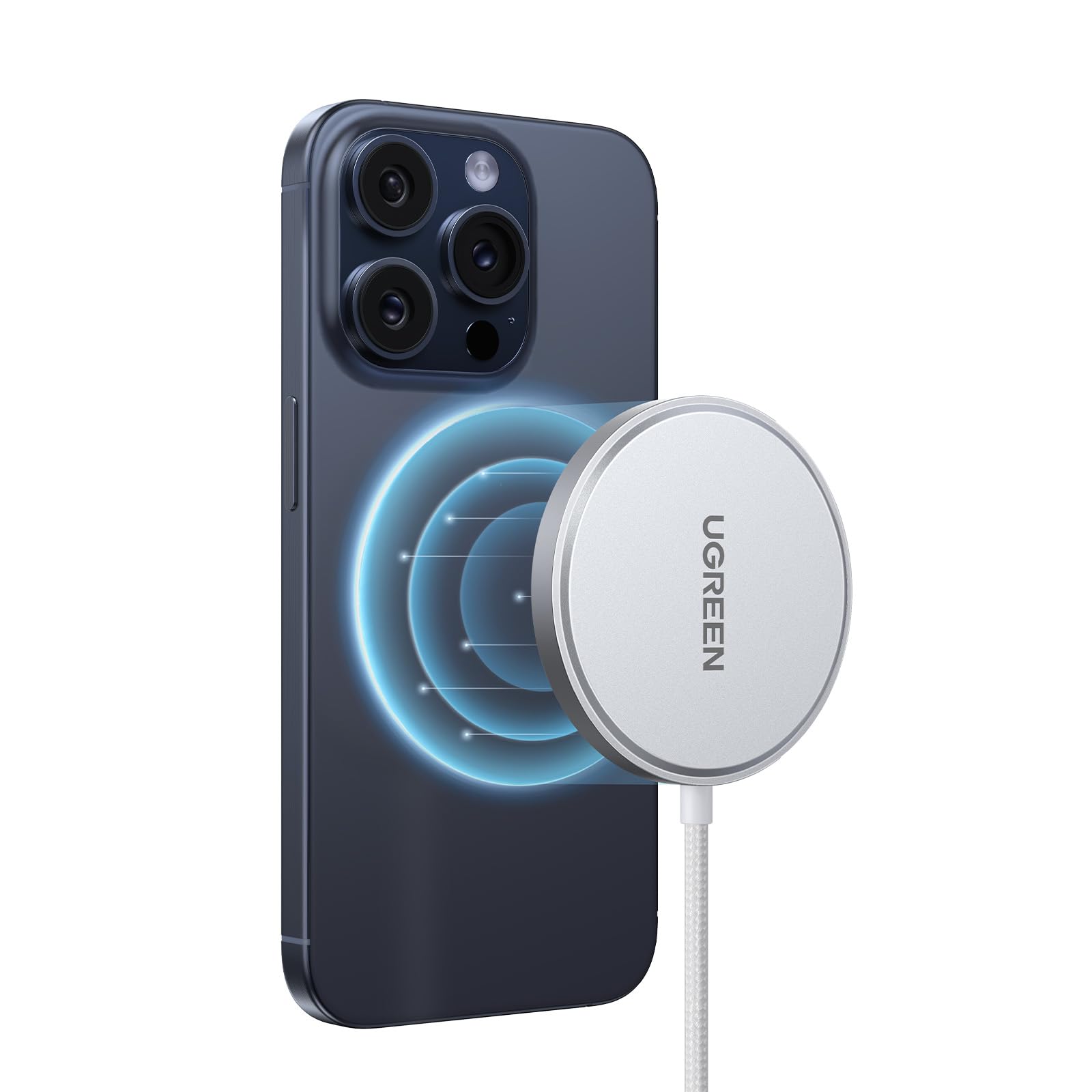 شارژر بی‌سیم UGREEN Qi2 Magsafe برای آیفون 16W【Apple MFi Certified】برای شارژر Airpods پد شارژ سریع، کابل Type C بافته شده برای آیفون 16/15/14/13 و همچنین AirPods 3/2/Pro