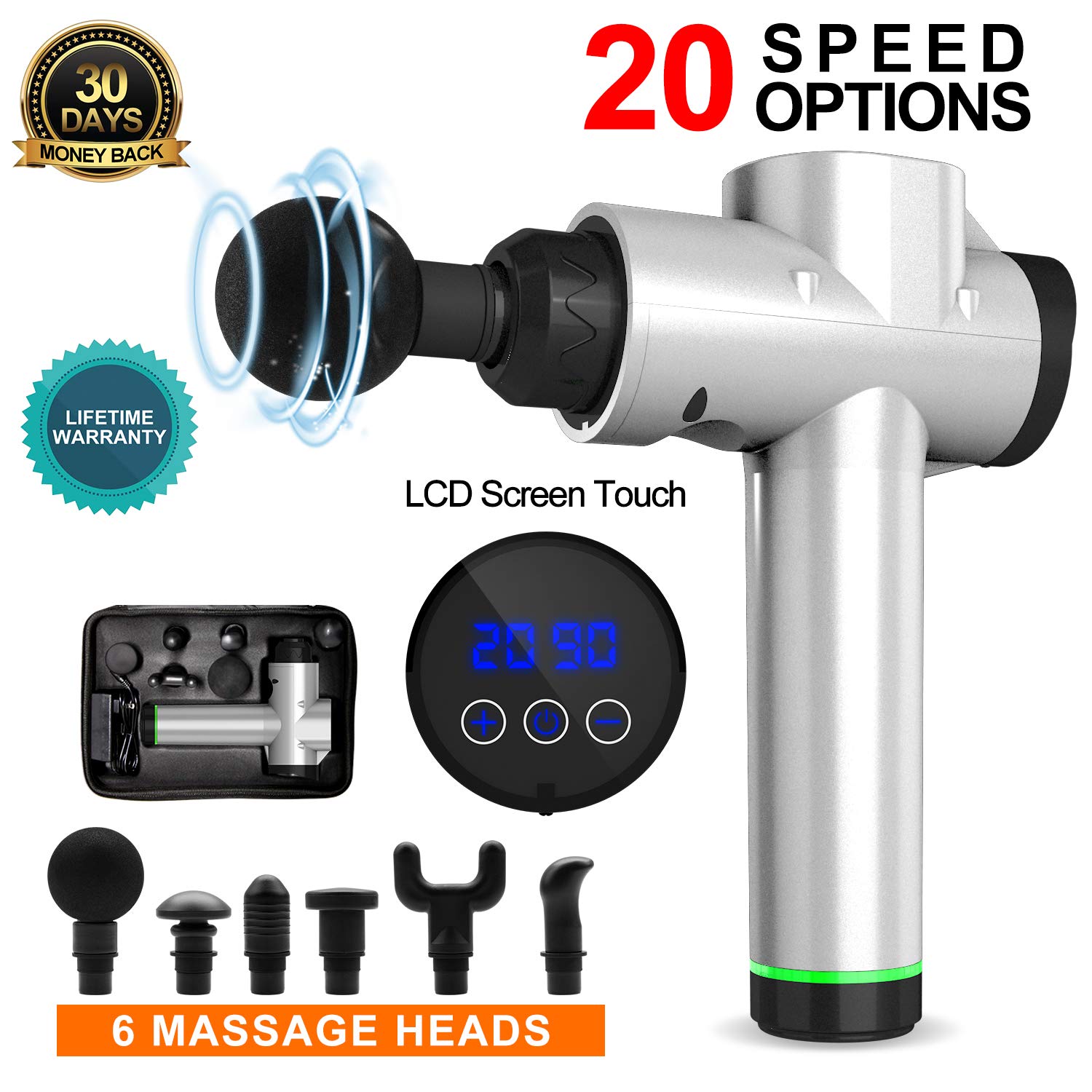 ماساژور برقی BURDEAN، ماساژور عمیق با دسته قابل حمل و 6 سر ماساژ و 20 سرعت قابل تنظیم، ابزار ماساژ بدن تکان دهنده برای کمک به تسکین درد ورزشکاران