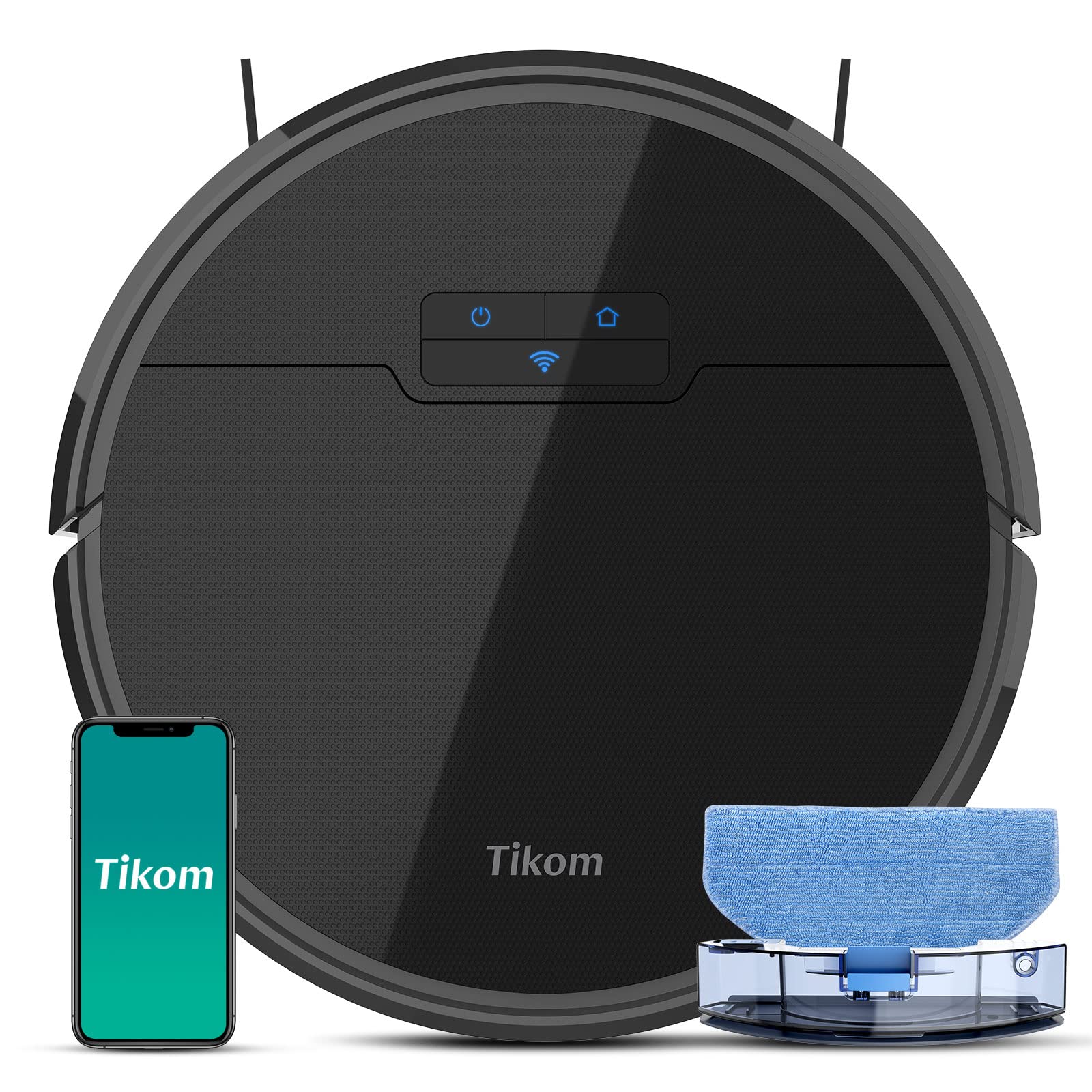 ربات خوراکی و مد Tikom، جاروبرقی ربات G8000، مکش قوی 2700 پاسکال، خودشارژ، مناسب برای کف‌های سخت، مشکی