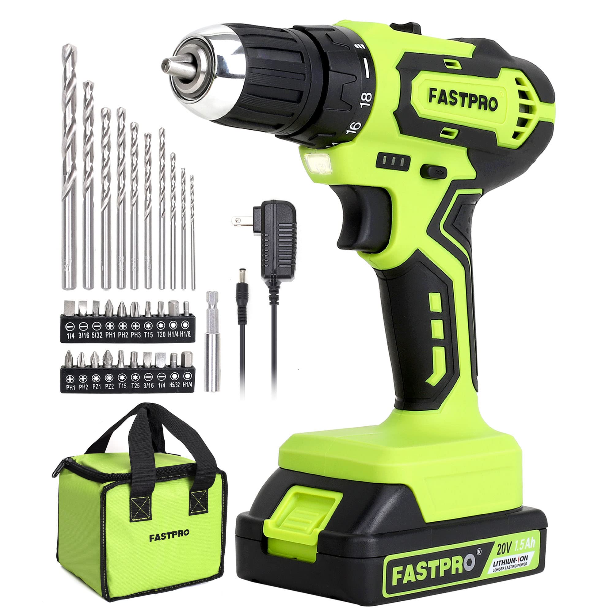 مجموعه دستگاه حفاری باتری قابل حمل FASTPRO 20 ولت Max، با 3/8 اینچ مجهز به درایو قدرتی، دارای یک باتری لیتیوم-یون 1.5 آمپر ساعت، شارژر و کیف ابزار، رنگ سبز