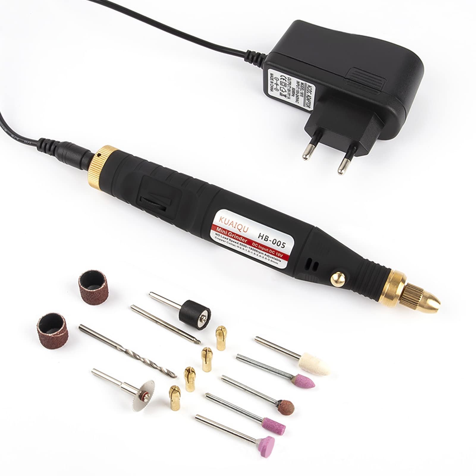 ابزار چرخ دنده‌ای برقی کیت دستی مینی گریندر قابل تنظیم با سرعت ۵۰۰۰-۱۸۰۰۰ دور در دقیقه با ۱۵ قطعه لوازم جانبی برای ساخت اشیاء کوچک، برش دادن، حکاکی، سنداژ و افرو می‌باشد.