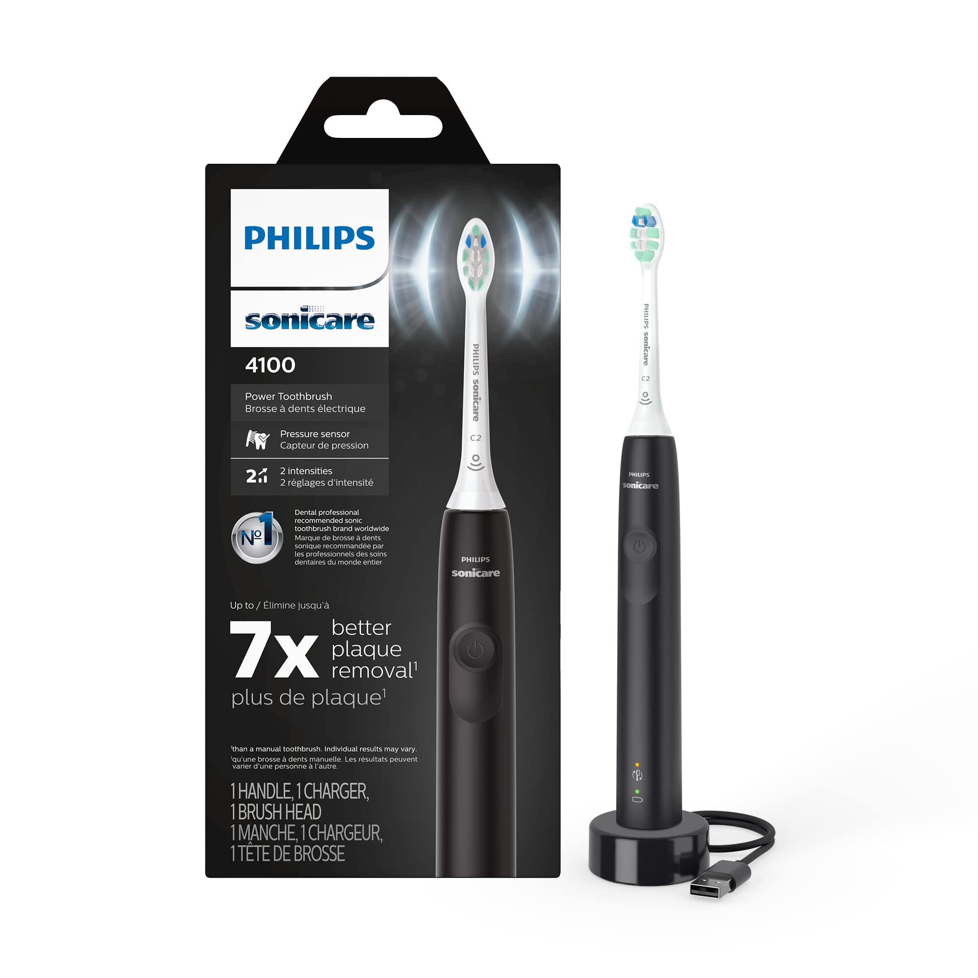 مسواک برقی قابل شارژ Philips Sonicare 4100، با سنسور فشار، 2 تنظیم شدت، زمان‌سنج هوشمند و QuadPacer، عمر باتری 14 روزه، مدل HX3681/24 New 4100 سیاه