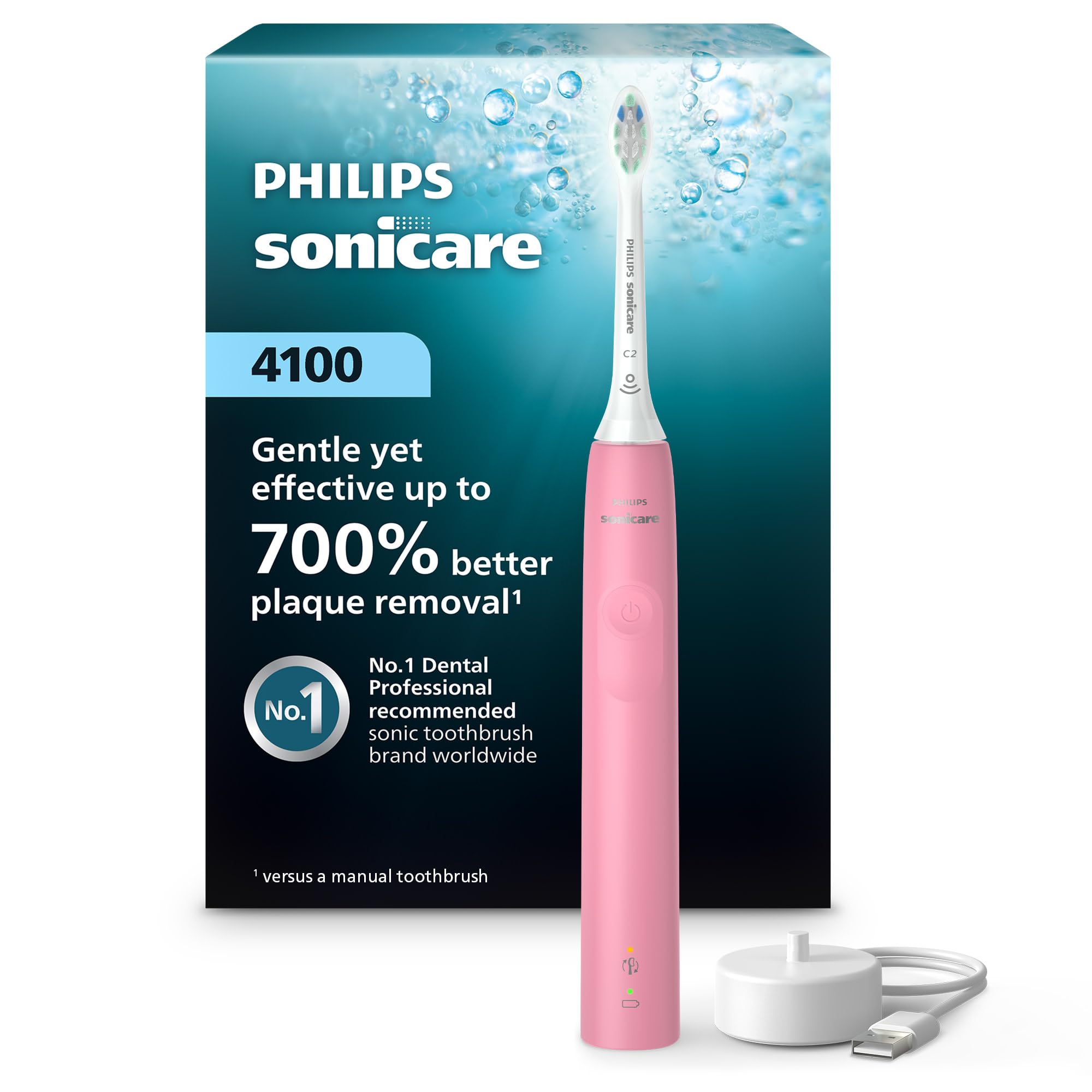 مسواک الکتریکی قابل شارژ Philips Sonicare 4100، با سنسور فشار، 2 تنظیم شدت، SmarTimer و QuadPacer، عمر باتری ۱۴ روزه، رنگ صورتی عمیق، مدل HX3681/26 جدید 4100 صورتی
