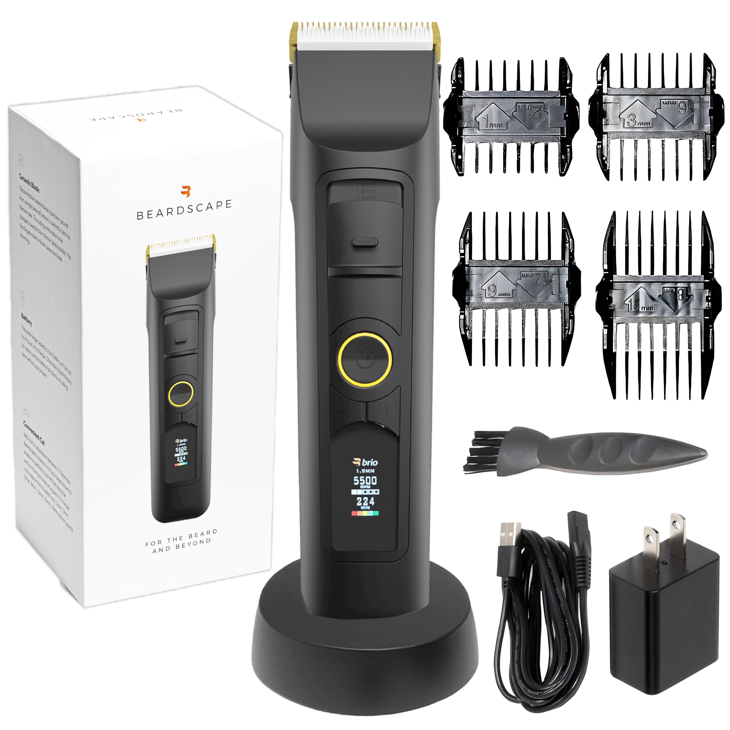 تیغه رش تنظیم‌پذیر برقی مردانه Brio Blackout Beardscape V2، 4 سرعت، باتری قابل شارژ، سرامیک با اصطکاک کم، 1.6 پوند، سیاه