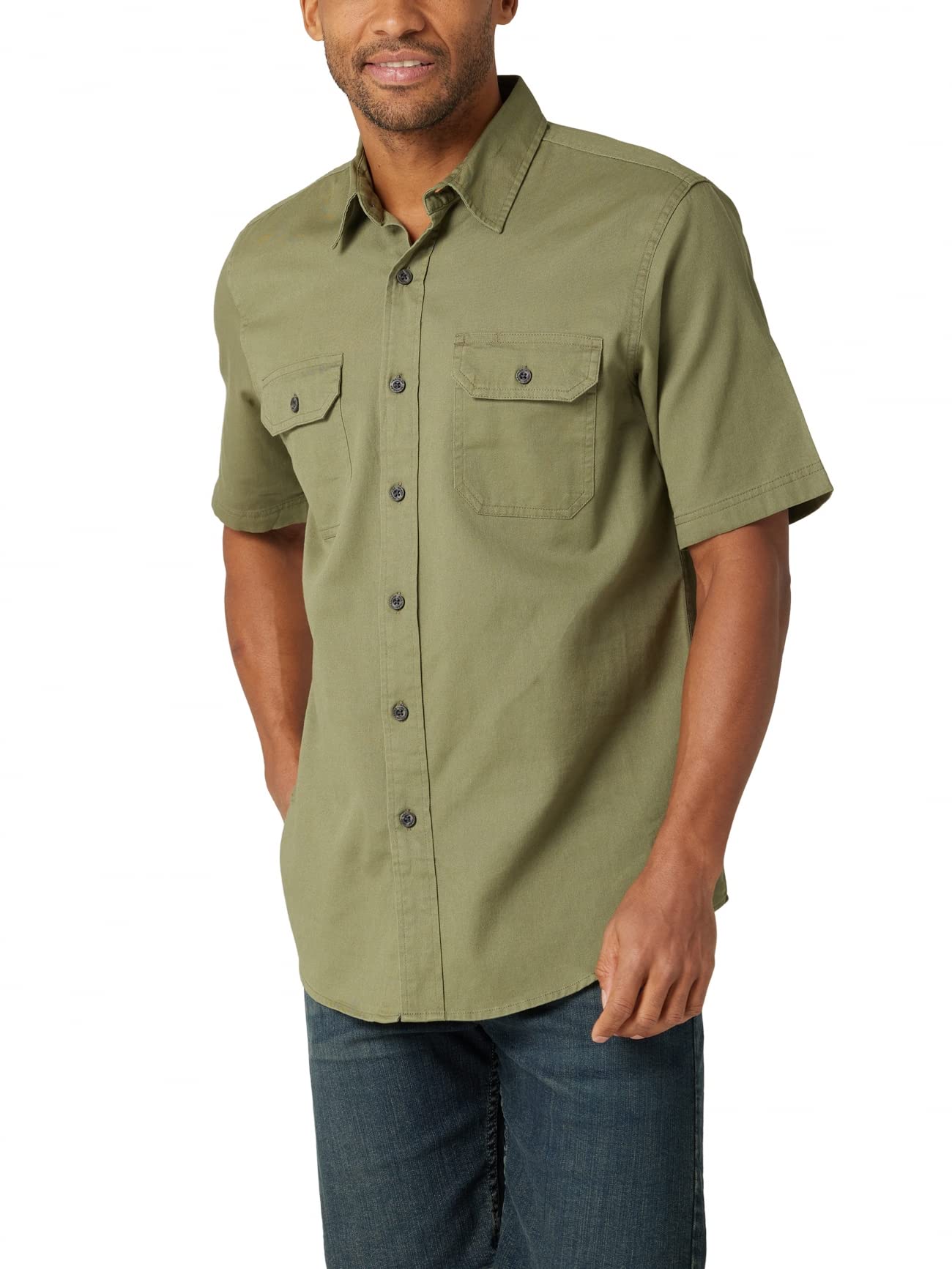 پیراهن بافت کلاسیک آقایان Wrangler Authentics با آستین کوتاه، دکمه‌بندی، سایز XL، رنگ زیتونی