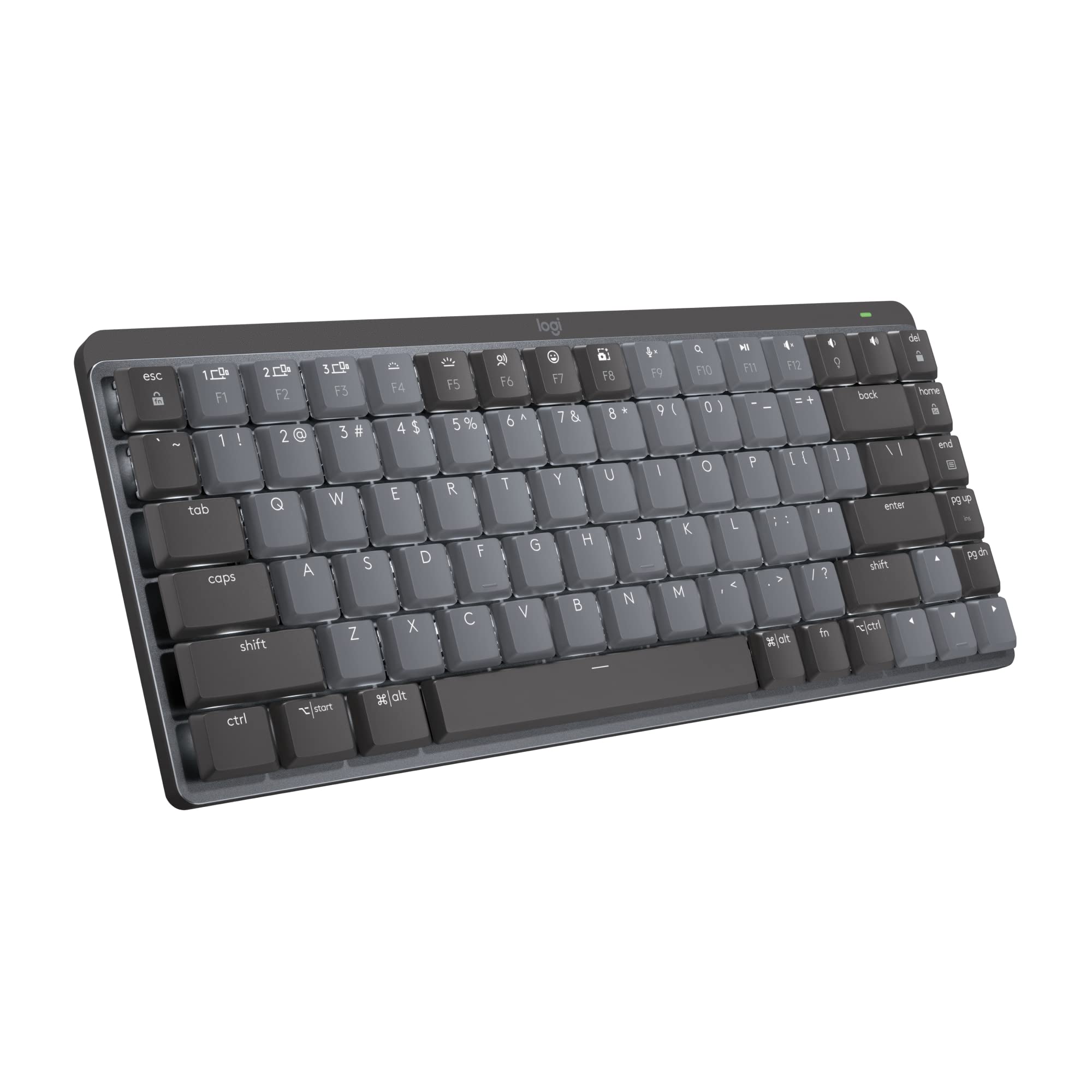 صفحه کلید بی‌سیم مکانیکی نورانی Logitech MX Mini Mechanical، با سوئیچ‌های کلیکی، نور پس زمینه، بلوتوث، یو اس بی-سی، سیستم عامل مک، ویندوز، لینوکس، آی‌اواس، اندروید، صفحه کلید کلاسیک فلزی و جمع و جور.