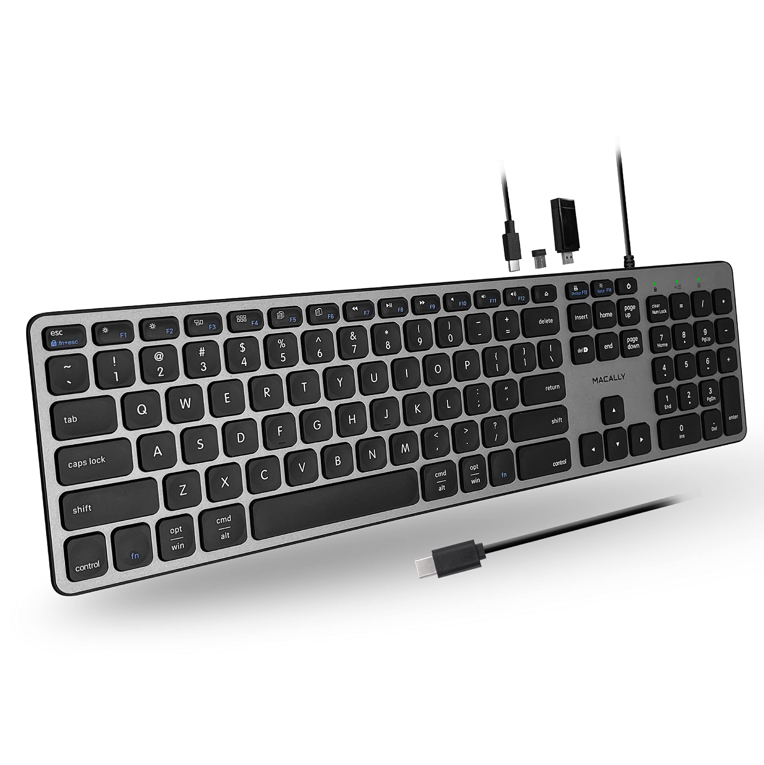کیبورد سیمی USB C حرفه ای Macally Premium با پورت‌های USB - اتصال تا 3 دستگاه - (2X پورت USB-A| 1x پورت USB-C) - کیبورد سیمی برای Mac، iMac، Macbook و PC - کیبورد نوع Type-C کامل و باریک - Space Gray