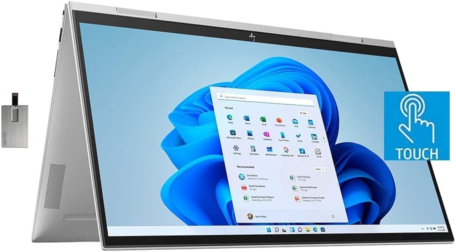 لپ تاپ لمسی HP Envy X360 2-in-1 15.6 "FHD، Intel Core i7-1165G7، 16 گیگابایت رم، 1 ترابایت حافظه از نوع PCIe SSD، صفحه کلید با نور پس زمینه، گرافیک Iris Xe، صدای B&O، ویندوز 11، رنگ نقره ای، کارت USB 32 گیگابایت (ارتقا یافته)
