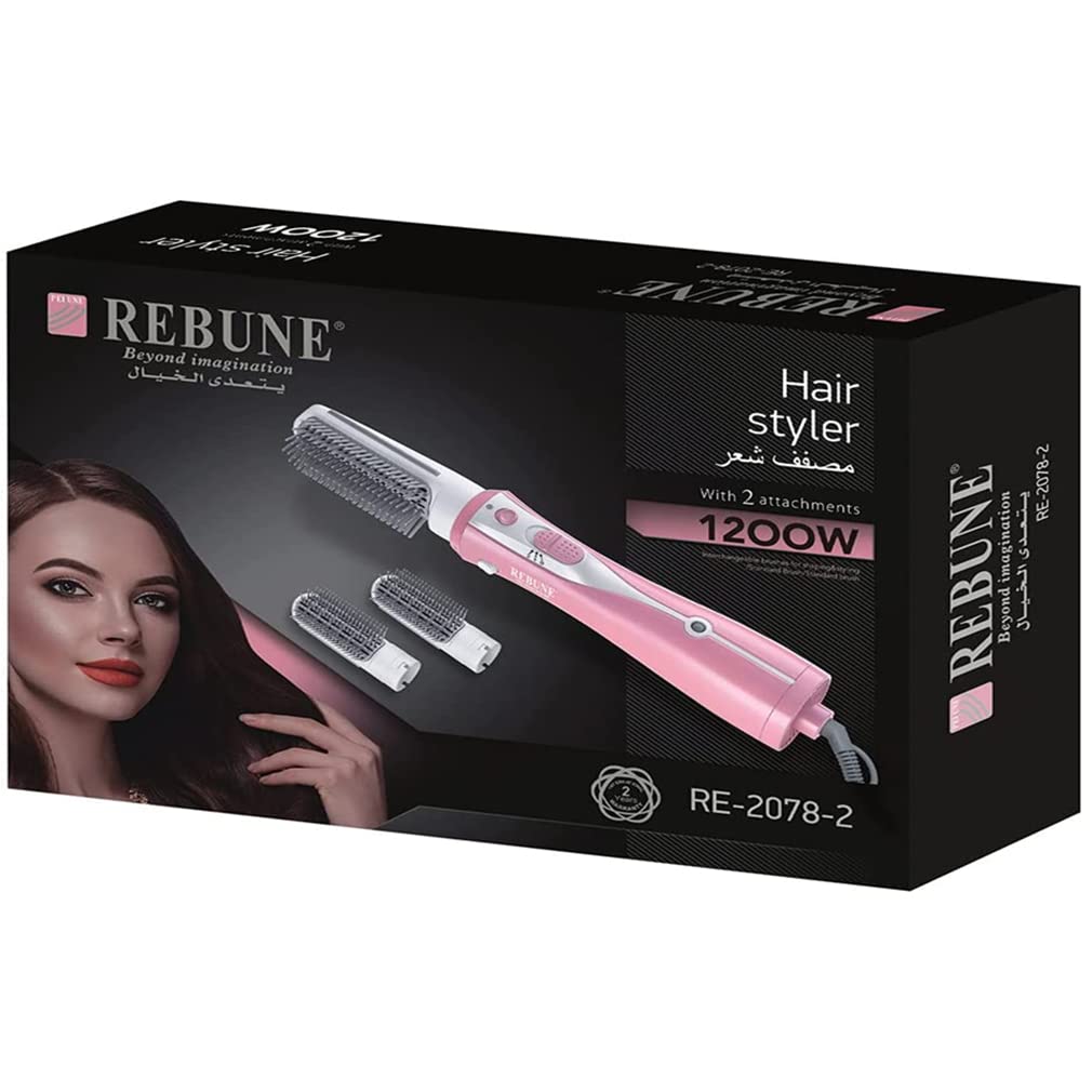 سشوار مدل REBUNE RE-2078-2 صورتی با توان 1200 وات، دستگاه برس مو 3 در 1 با استایلر هوای گرم، اصلاح کننده و موکول کننده، دارای 2 برس و دمای بالا (3 ثانیه) مخصوص تنظیم و حالت دهی سریع مو، می باشد.
