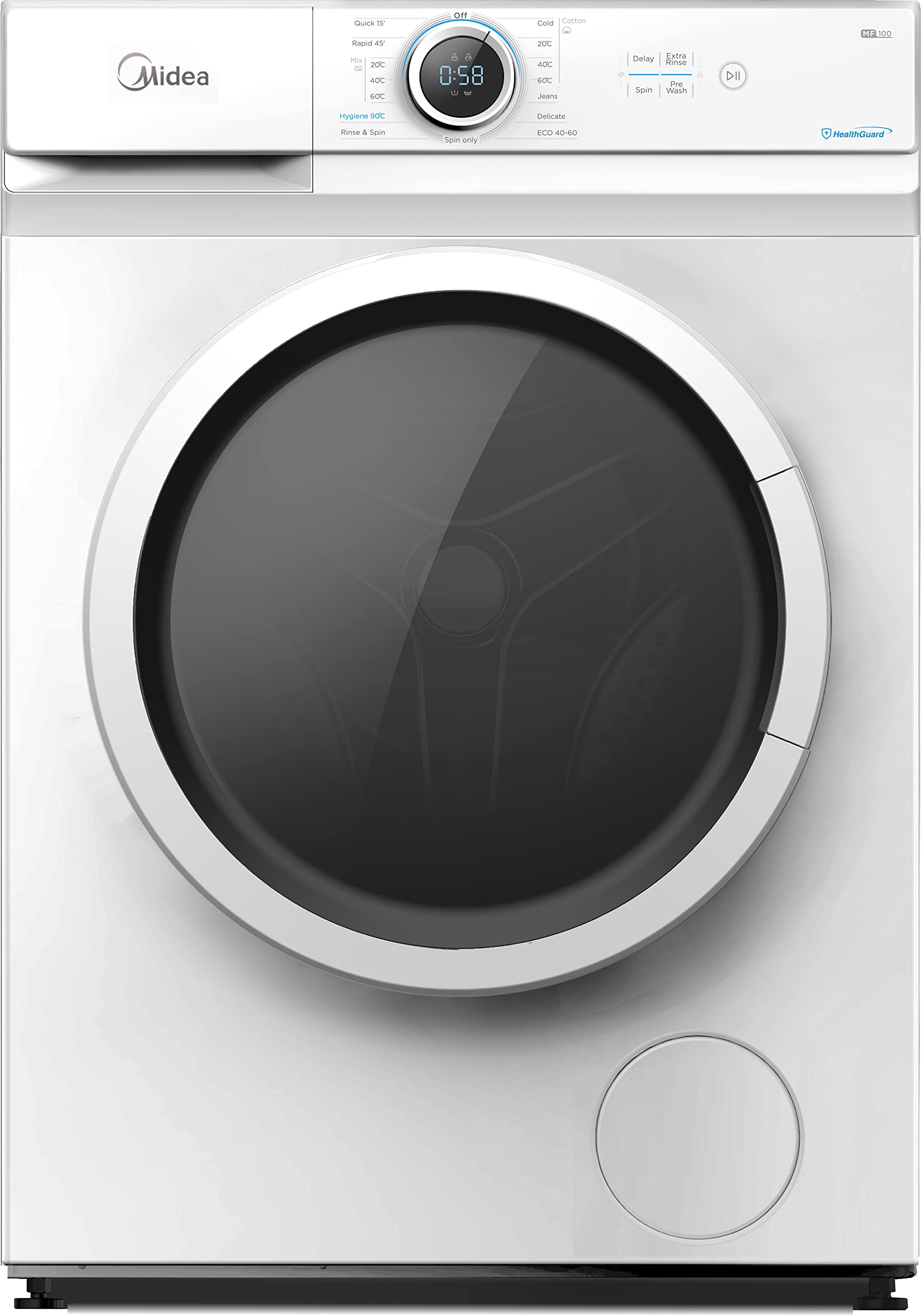 ماشین لباسشویی فرانت لود 6 کیلوگرمی مدل Midea با دیال لونار، 1000 دور در دقیقه، 15 برنامه، شستشوی کاملاً اتوماتیک، نمایشگر LED دیجیتال، قفل کودک، عملکرد بی صدا، بهداشت 90°، 10 سال گارانتی موتور، MF100W60WGCC