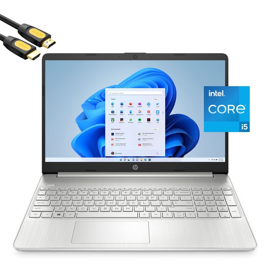 لپ تاپ HP 15.6 اینچ FHD IPS با لبه‌های کوچک، Quad-Core i5-1135G7 تا 4.2GHz، 16GB RAM، 512GB PCIe SSD، USB-C، HDMI، WiFi، خواننده‌ی کارت SD، کیبورد تمام اندازه، کابل HDMI M-ytrix، ویندوز ۱۱ با صفحه کلید QWERTY امریکایی