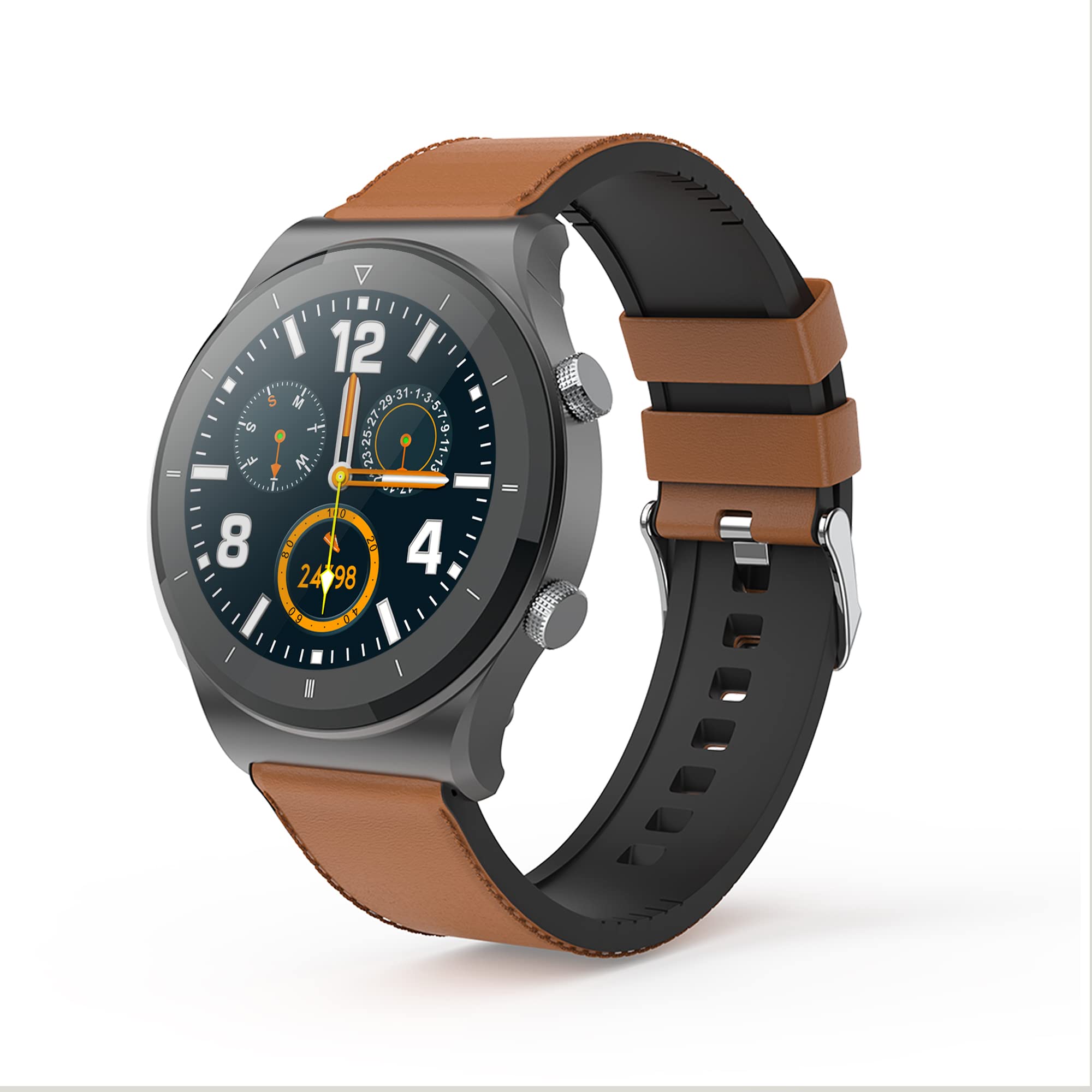 ساعت هوشمند Pebble Revo، صفحه نمایش لمسی 1.3 اینچ (3.3 سانتی متر) HD، قابلیت تماس بلوتوث، ساعت هوشمند با رابط کاربری پیچیده و فناوری دو دکمه، اندازه گیری Spo2، ضربان قلب و دما (پوشش چرمی قهوه ای) 22 میلیمتر